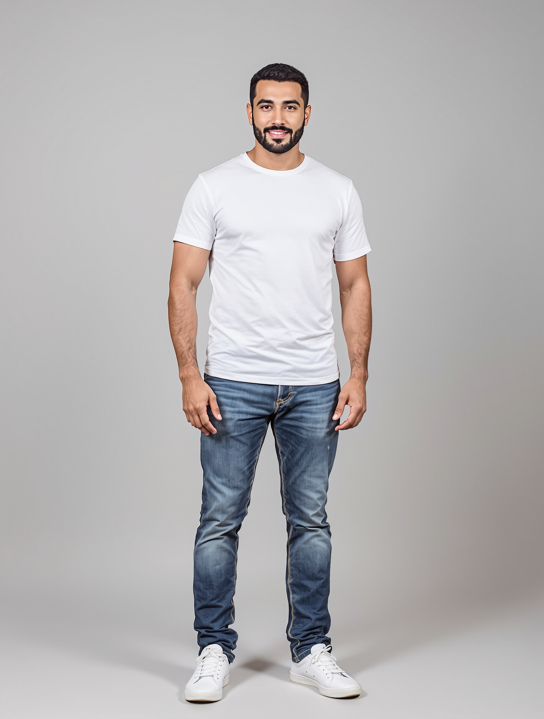 Man in white t-shirt and blue jeans standing against gray background