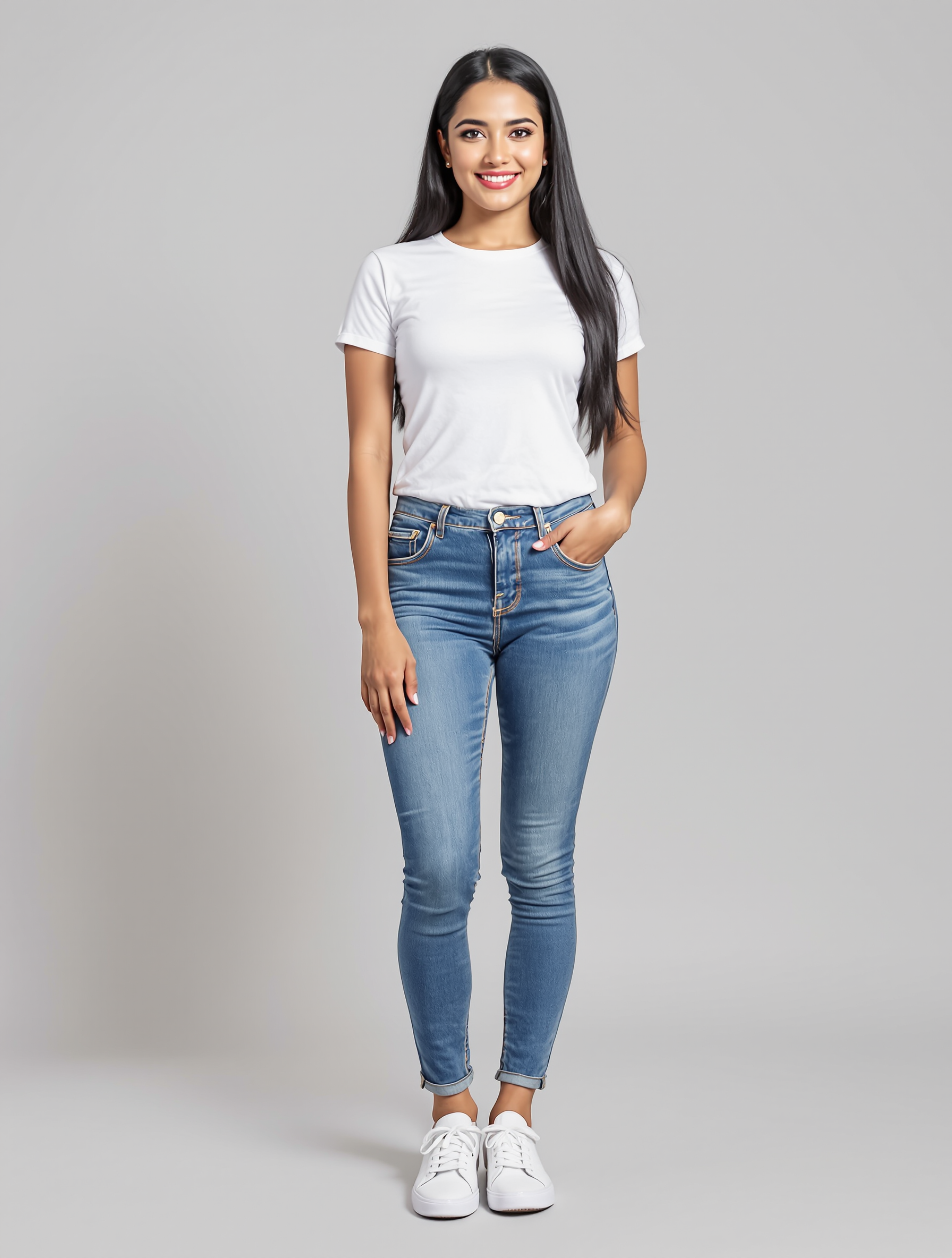 Woman in white tee and blue jeans with white sneakers