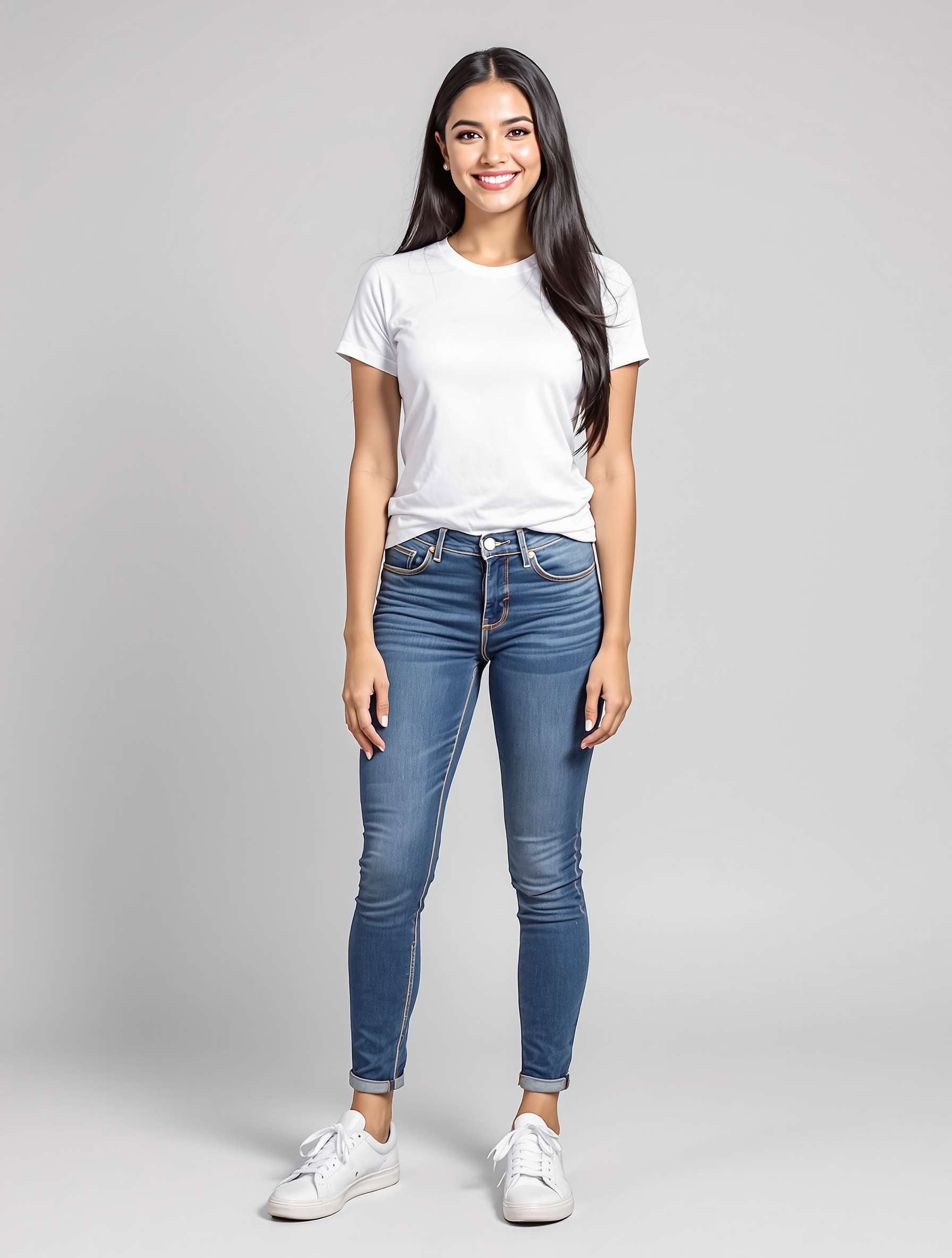 Woman in white t-shirt and blue jeans with white sneakers