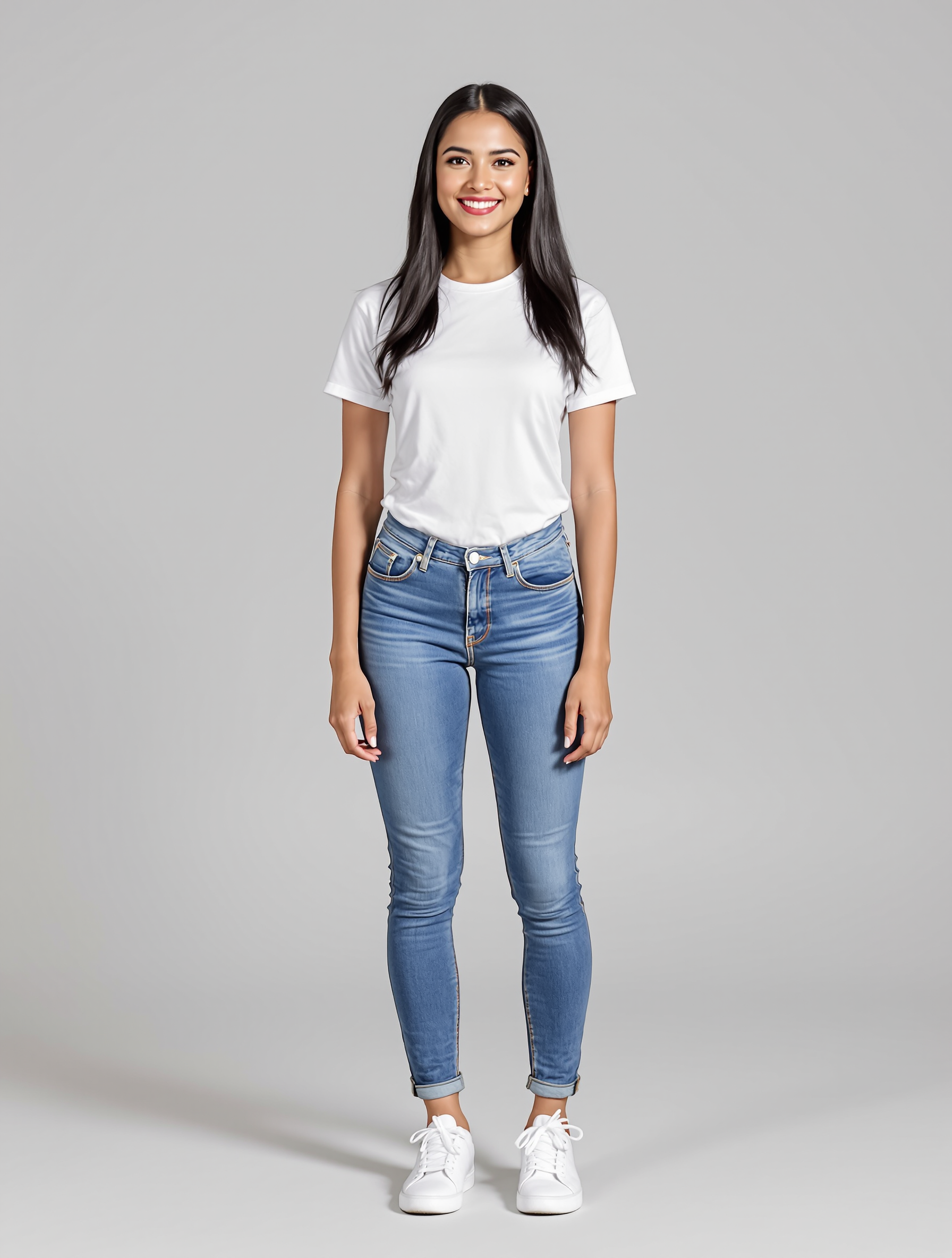 Person in white t-shirt and rolled blue jeans with white sneakers