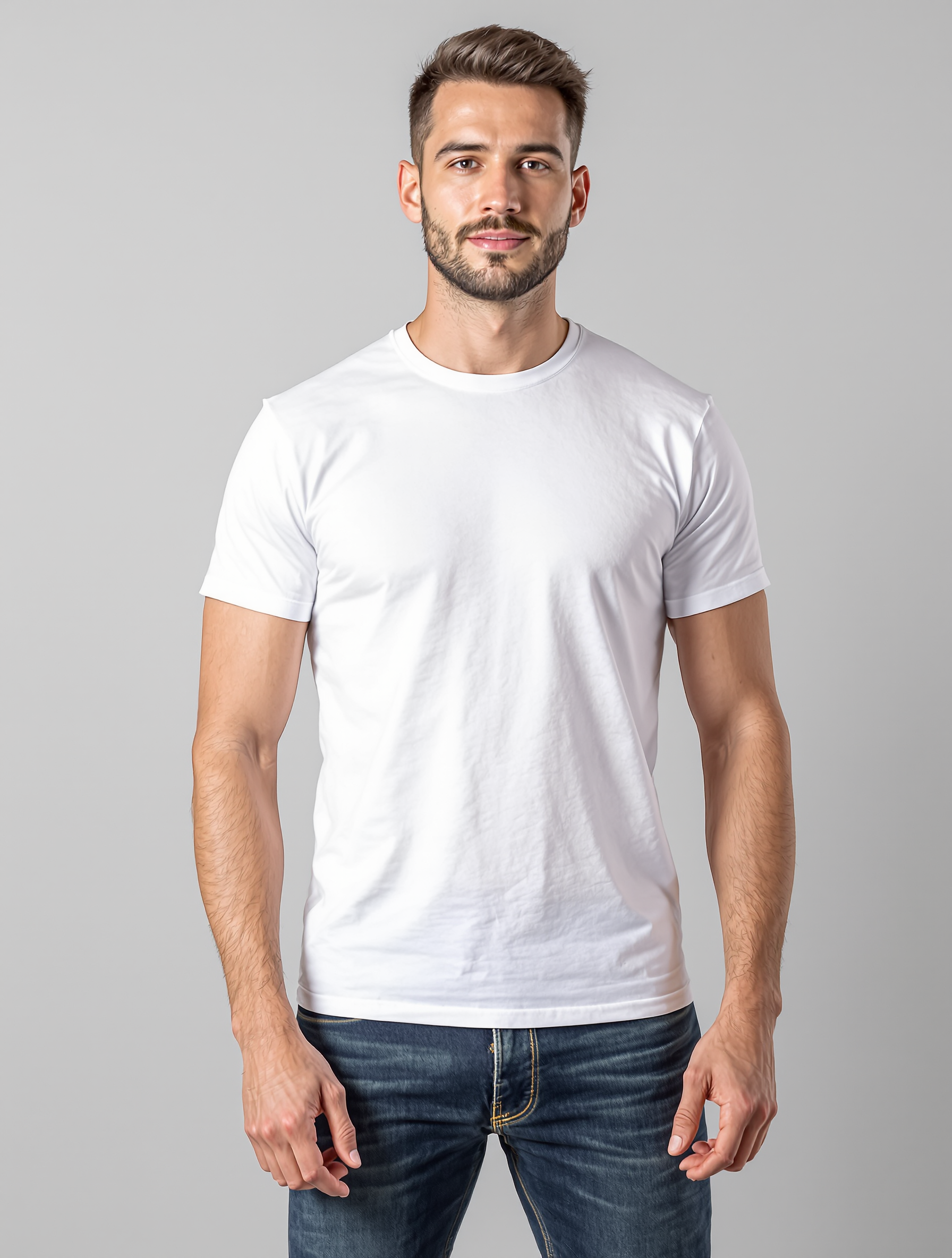 Man in white crew neck t-shirt and dark jeans portrait