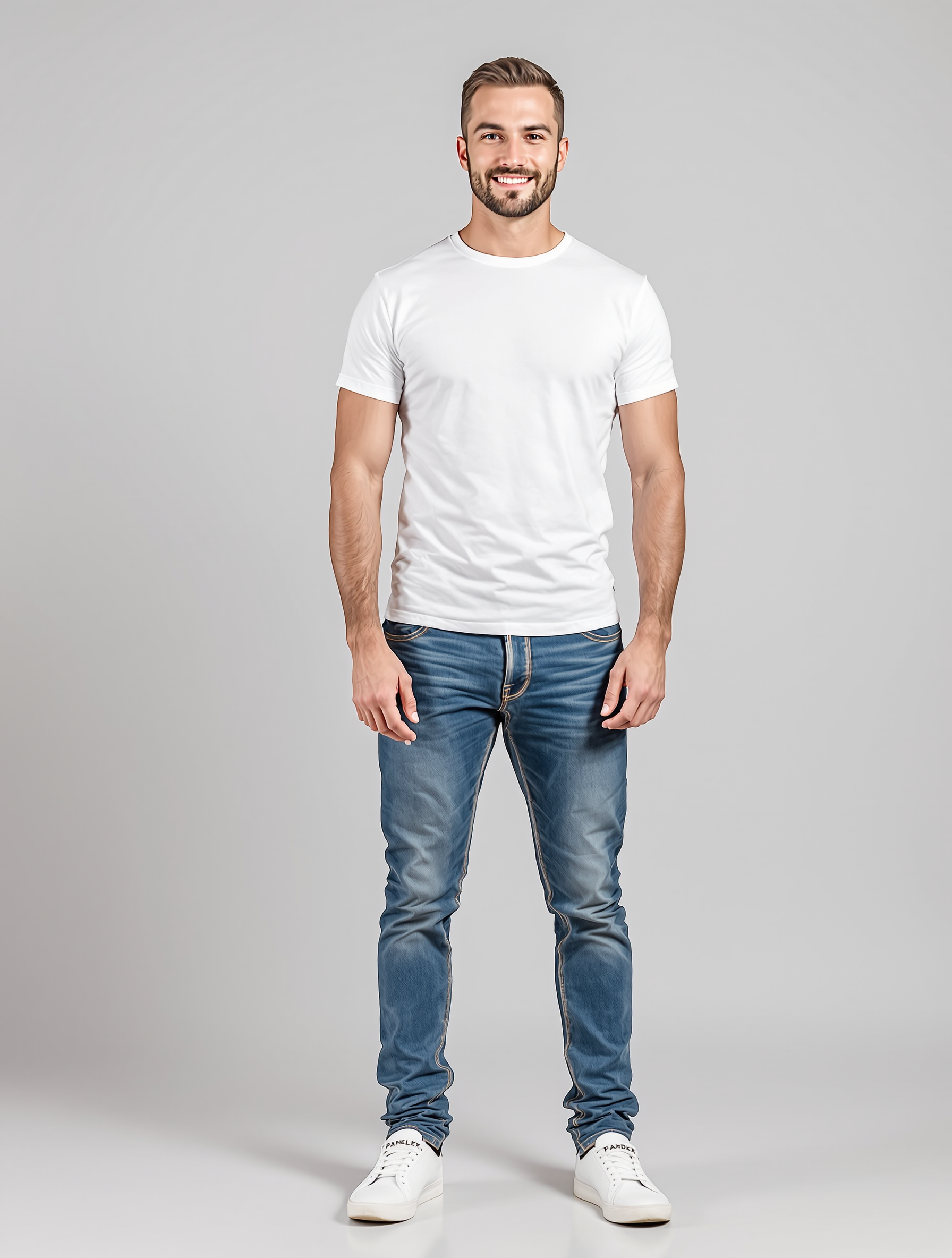 Man in white t-shirt and blue jeans smiling at camera