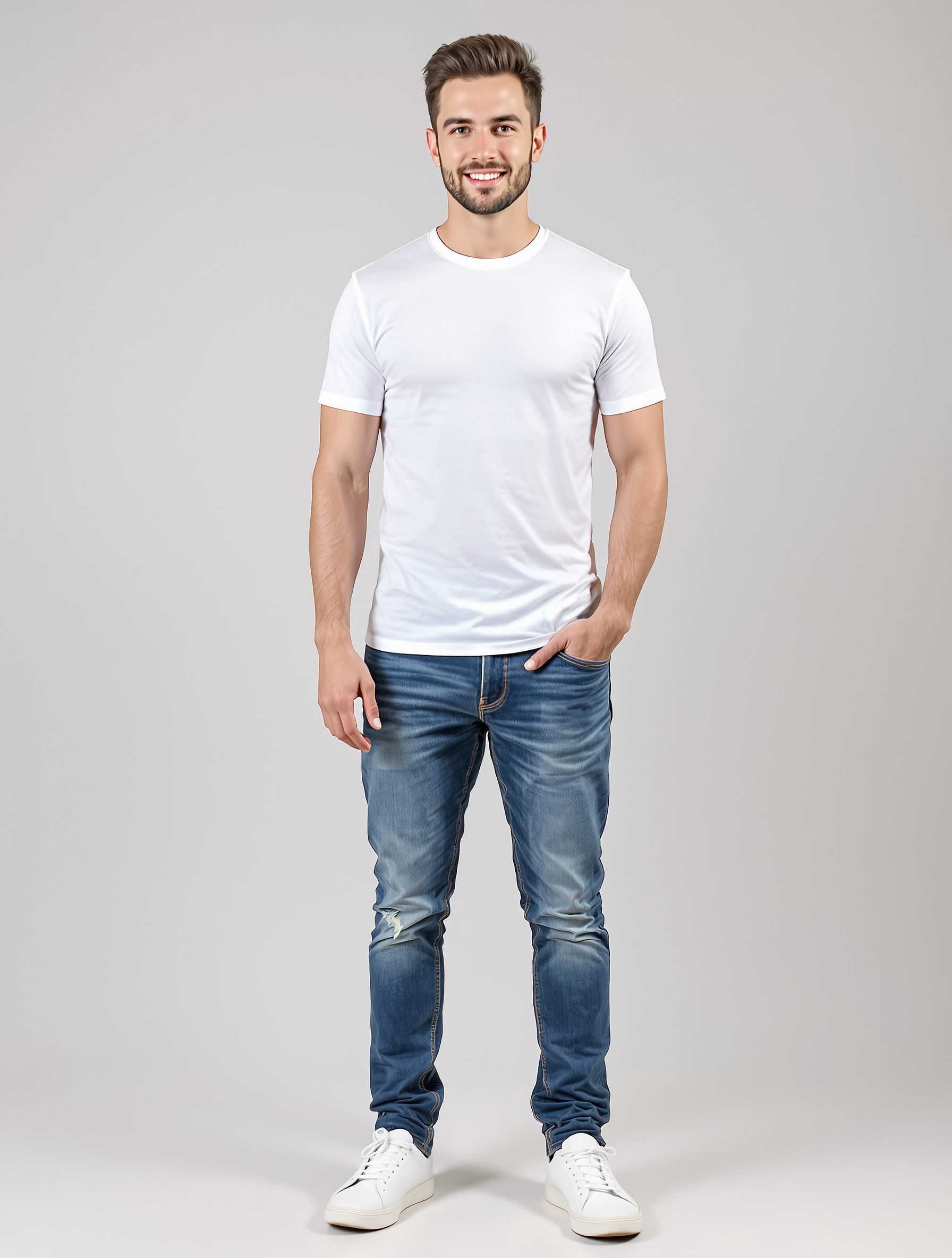 Man in white t-shirt and distressed blue jeans with white sneakers