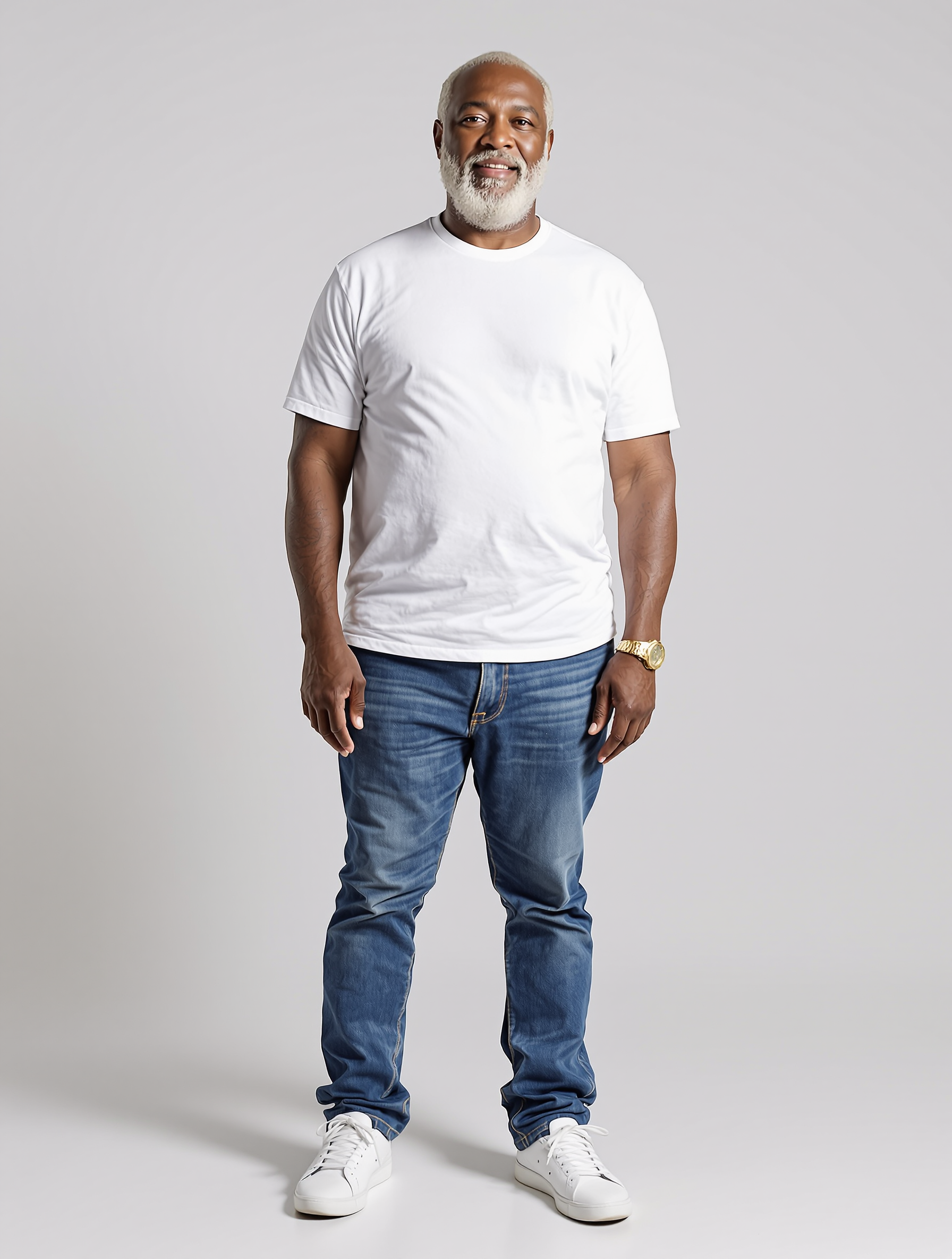 Older man in white t-shirt and blue jeans with white sneakers