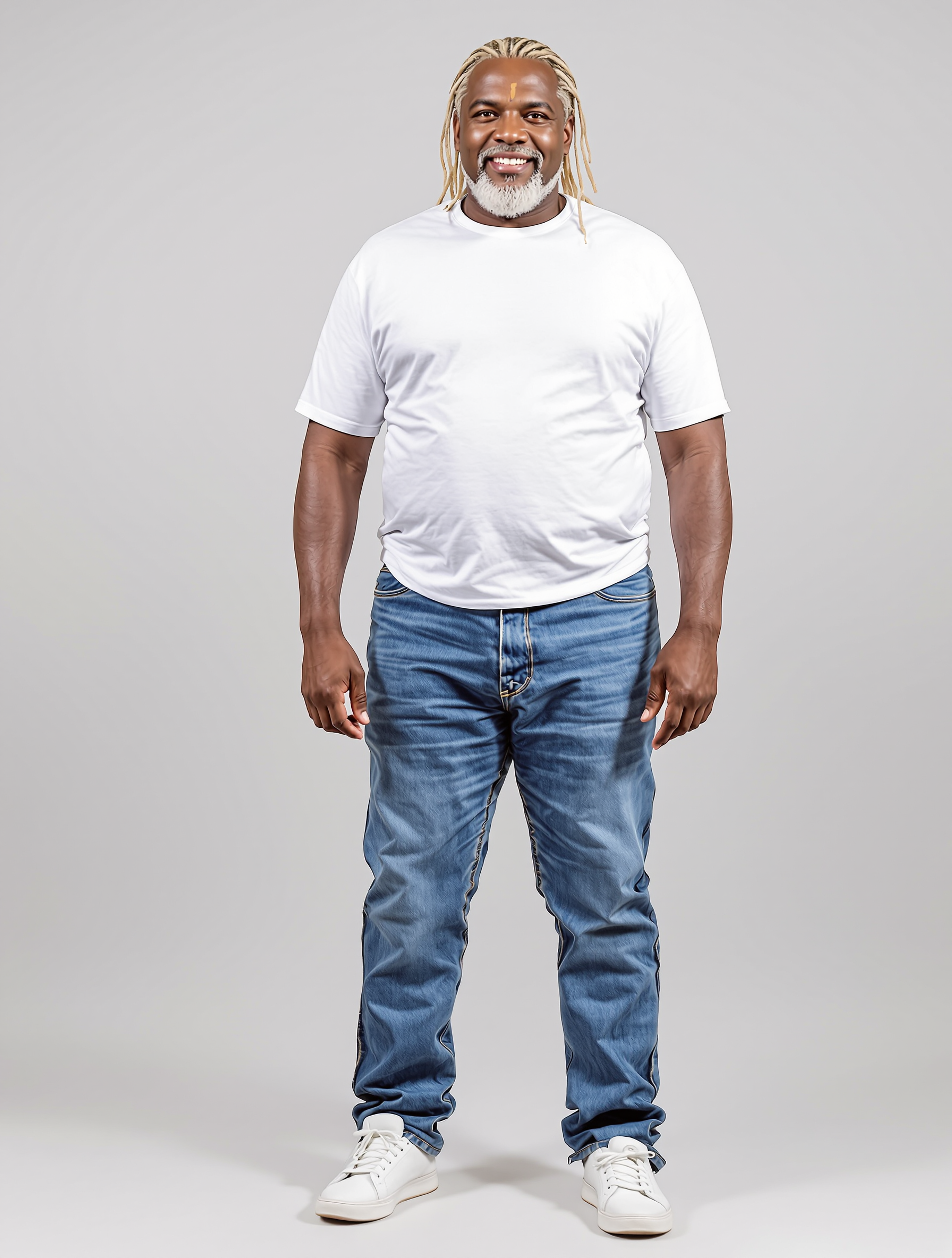 Man with blonde locs in white tee and blue jeans standing against gray background
