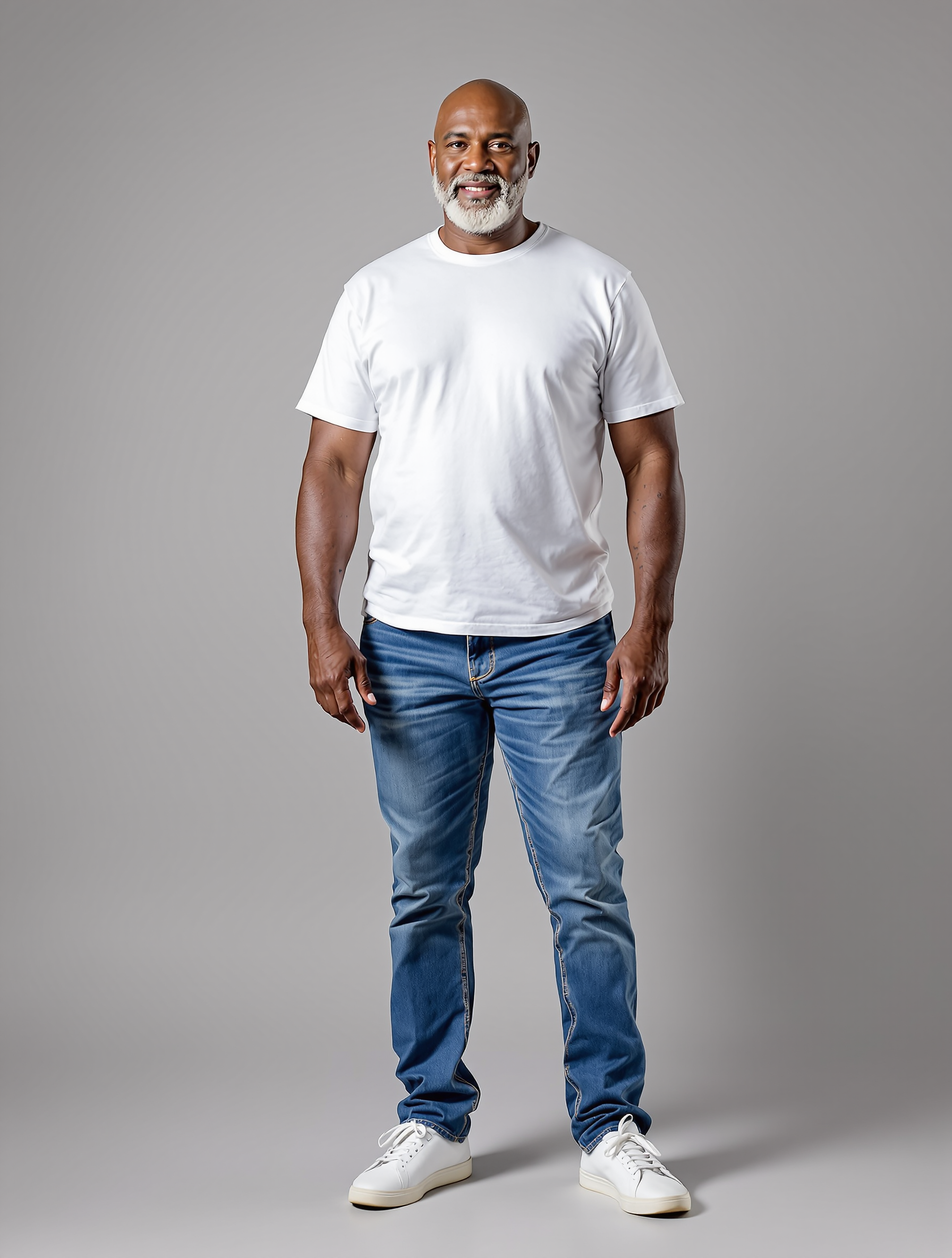 Man with gray beard in white t-shirt and blue jeans
