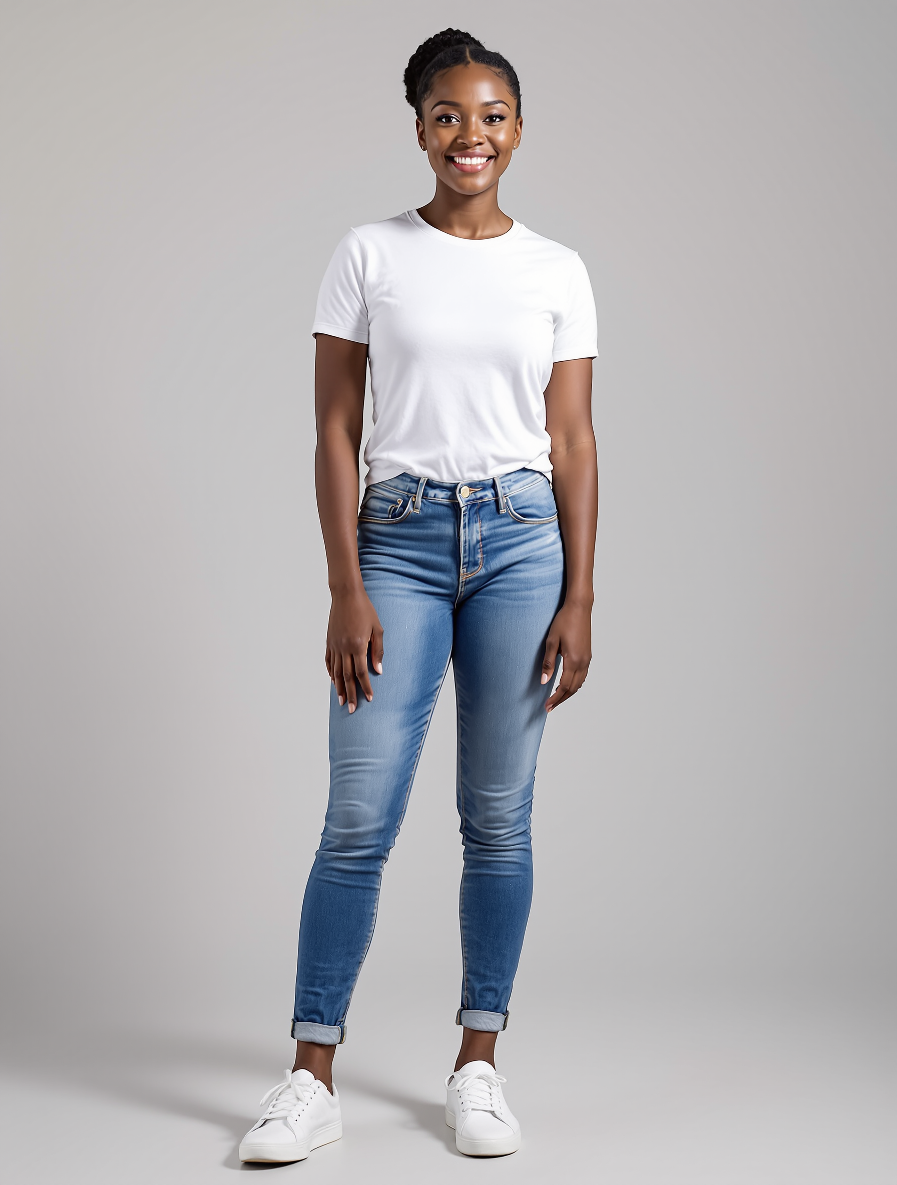 Person in white t-shirt and rolled-cuff blue jeans