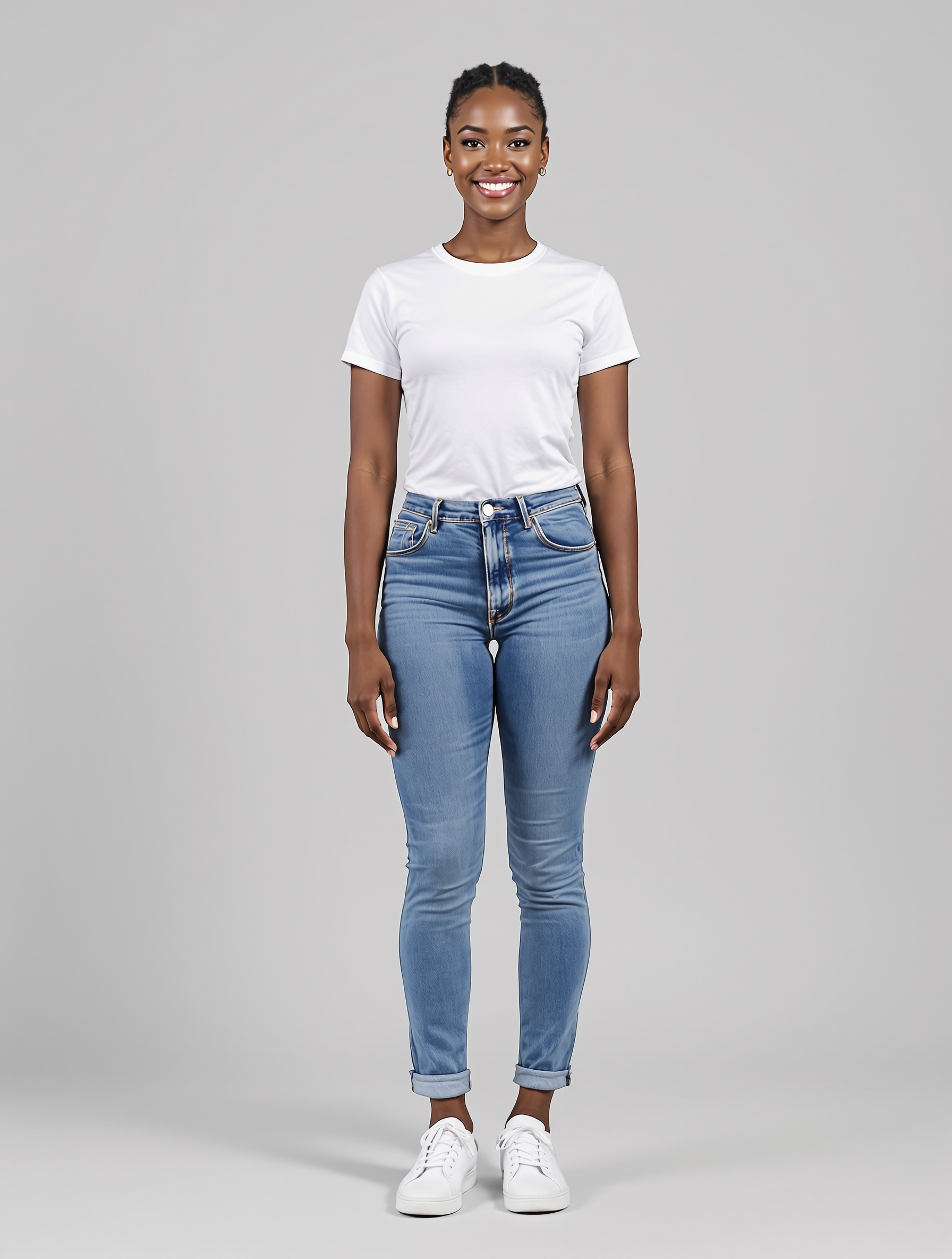 Person in white t-shirt and rolled-cuff blue jeans with white sneakers