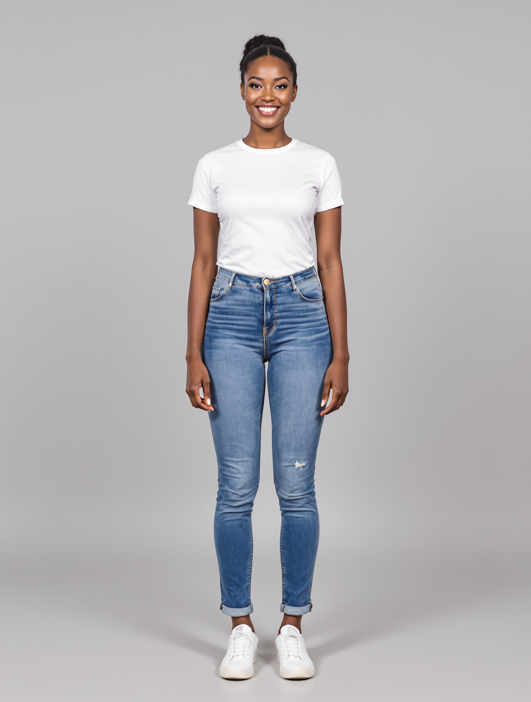 Woman in white t-shirt and distressed blue jeans