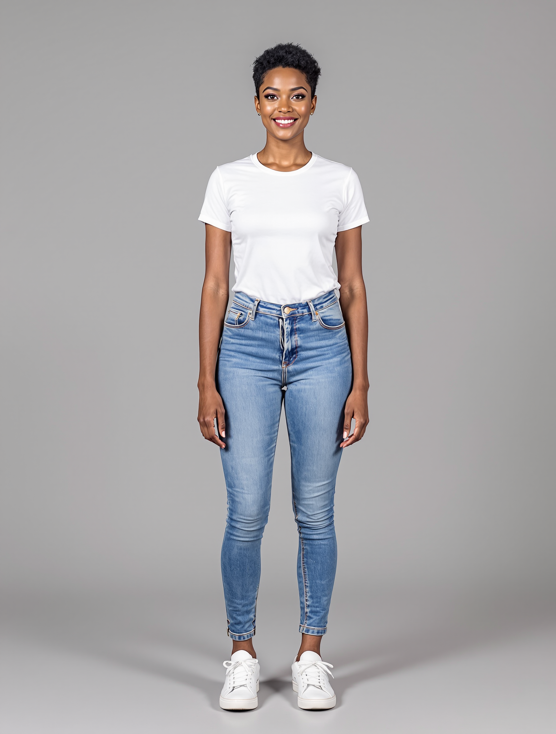 Person in white t-shirt and blue skinny jeans with white sneakers