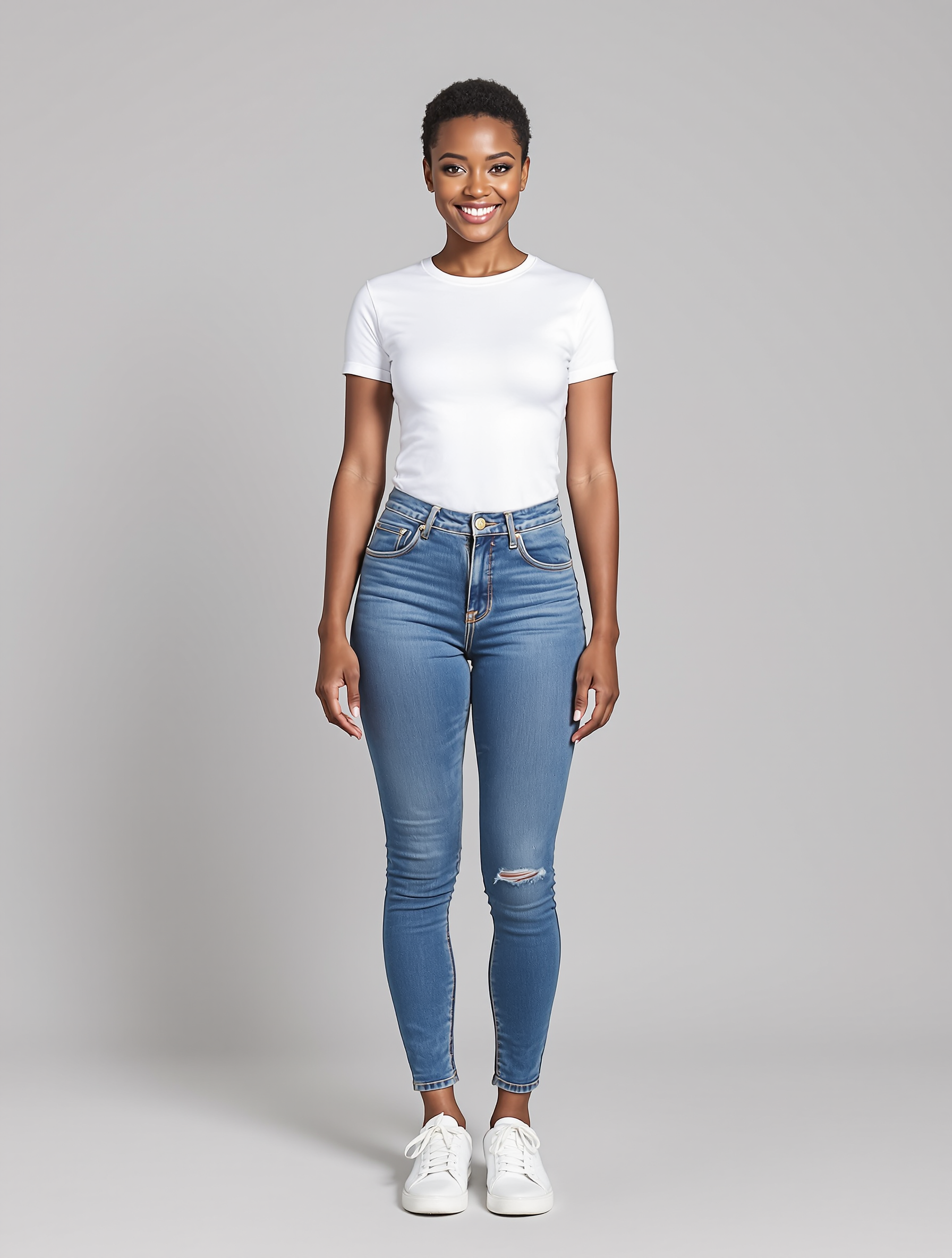 Person in white t-shirt and distressed blue jeans with white sneakers