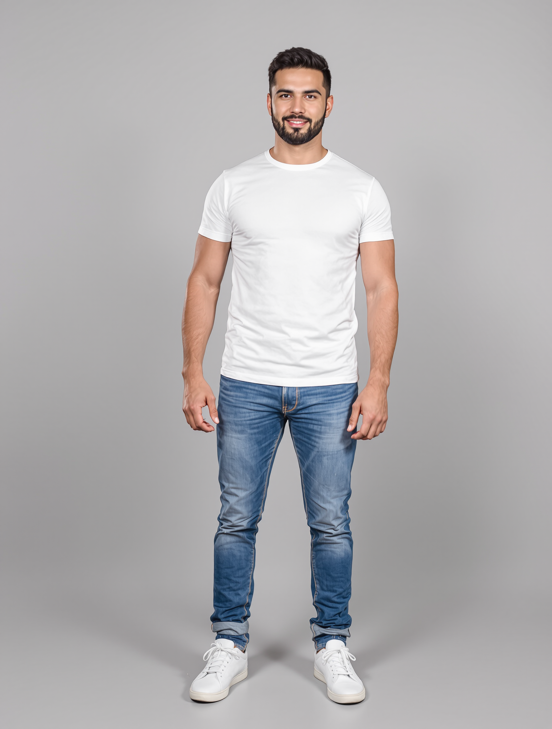 Man in white t-shirt and blue jeans standing against gray background