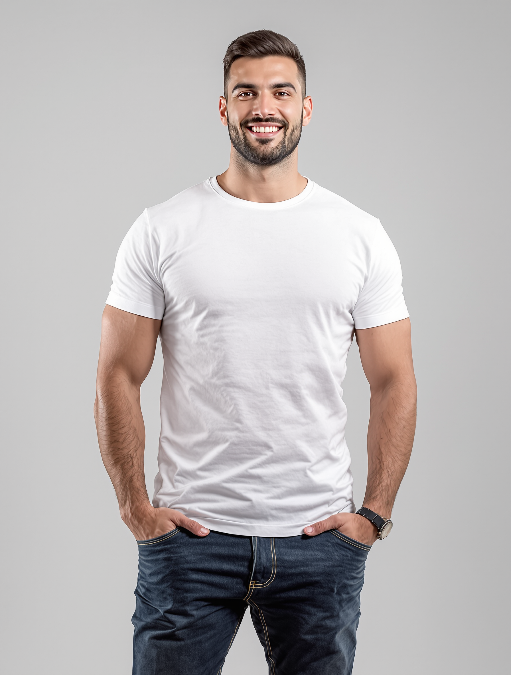 Man in white t-shirt and dark jeans smiling at camera