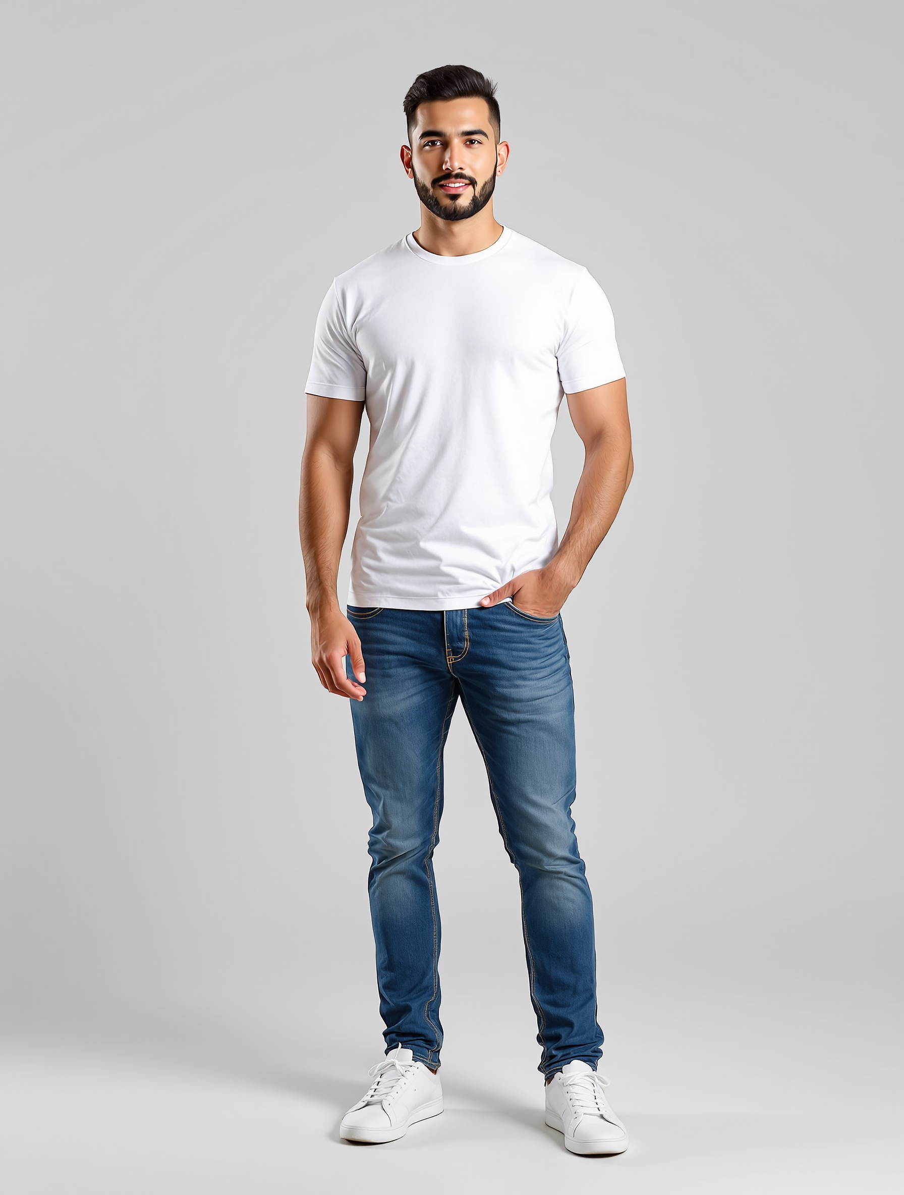 Man in white crewneck tee and blue jeans with white sneakers
