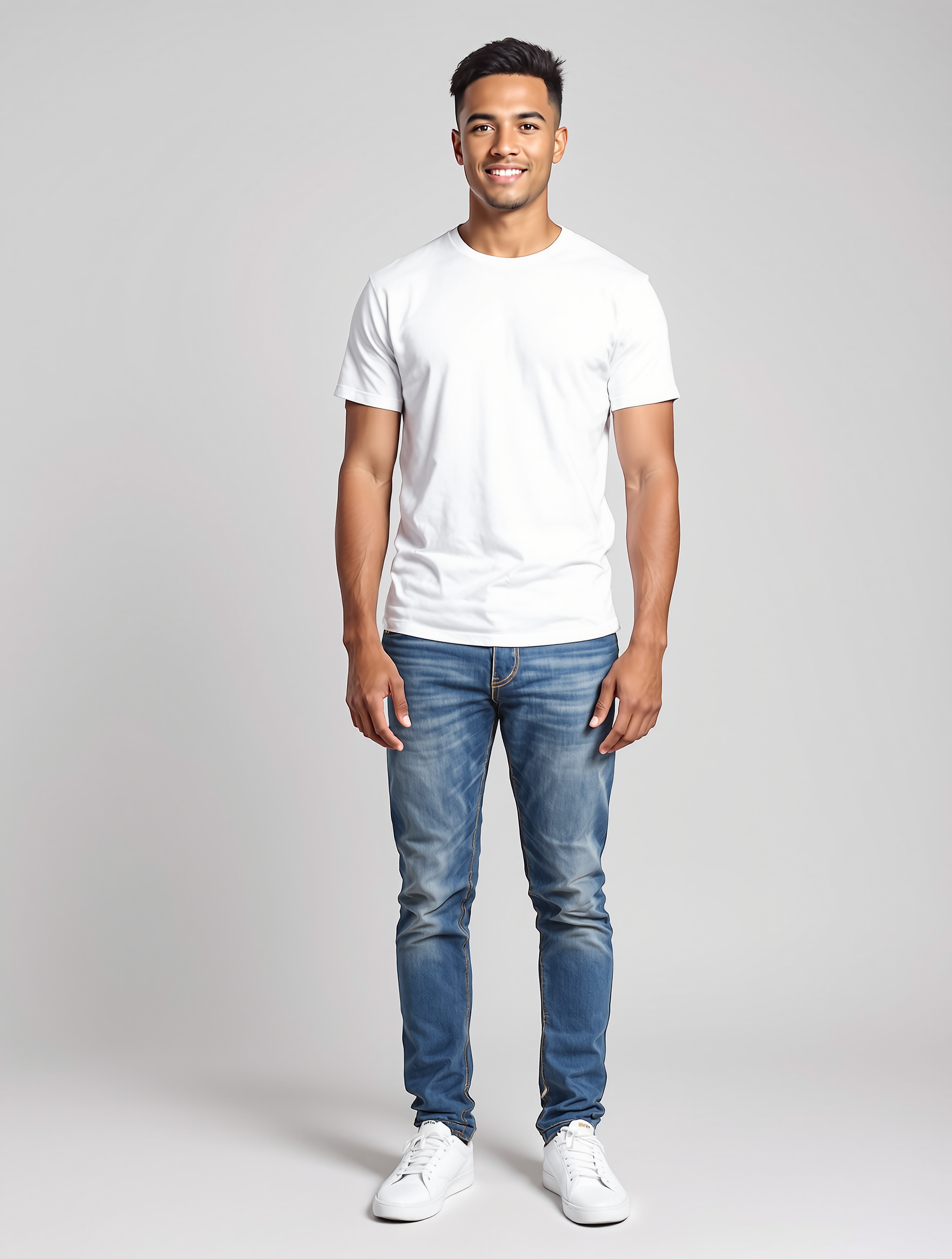 Man in white t-shirt and blue jeans standing against neutral background