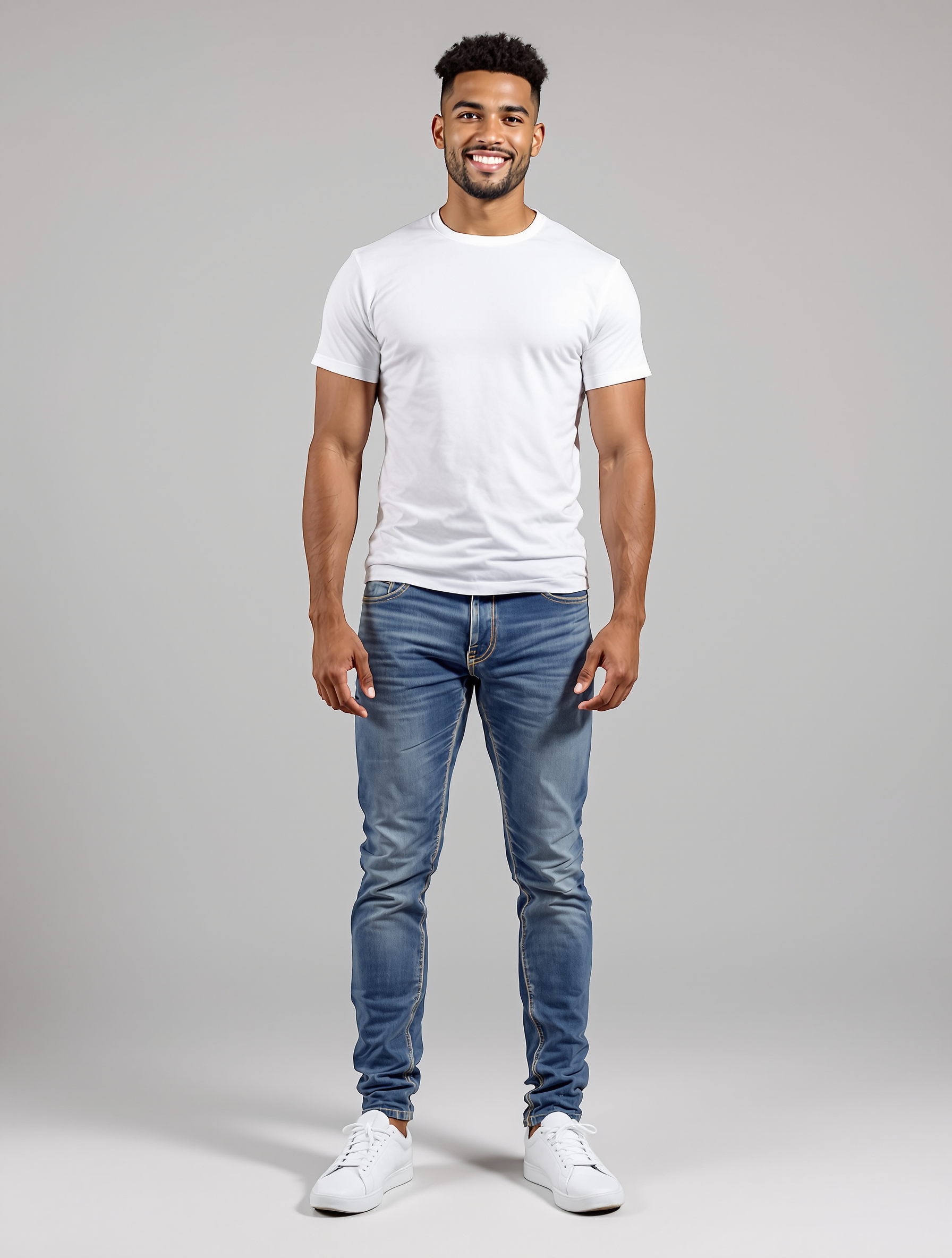 Man in white t-shirt and blue jeans smiling at camera