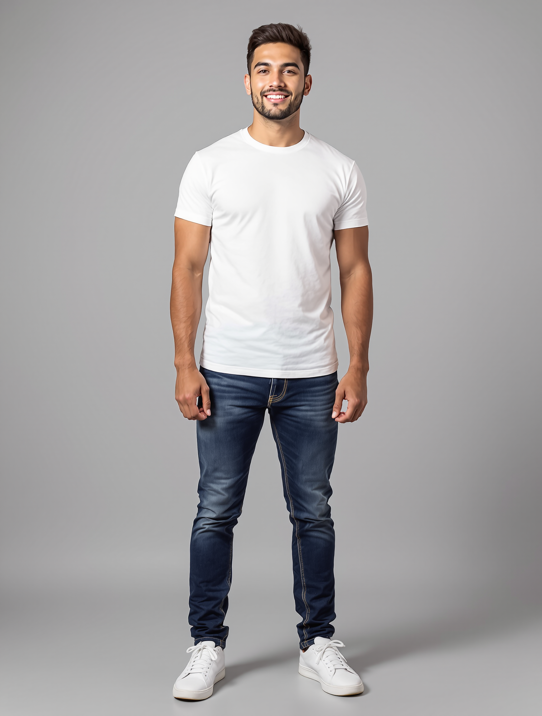 Man in white t-shirt and dark jeans standing against gray background