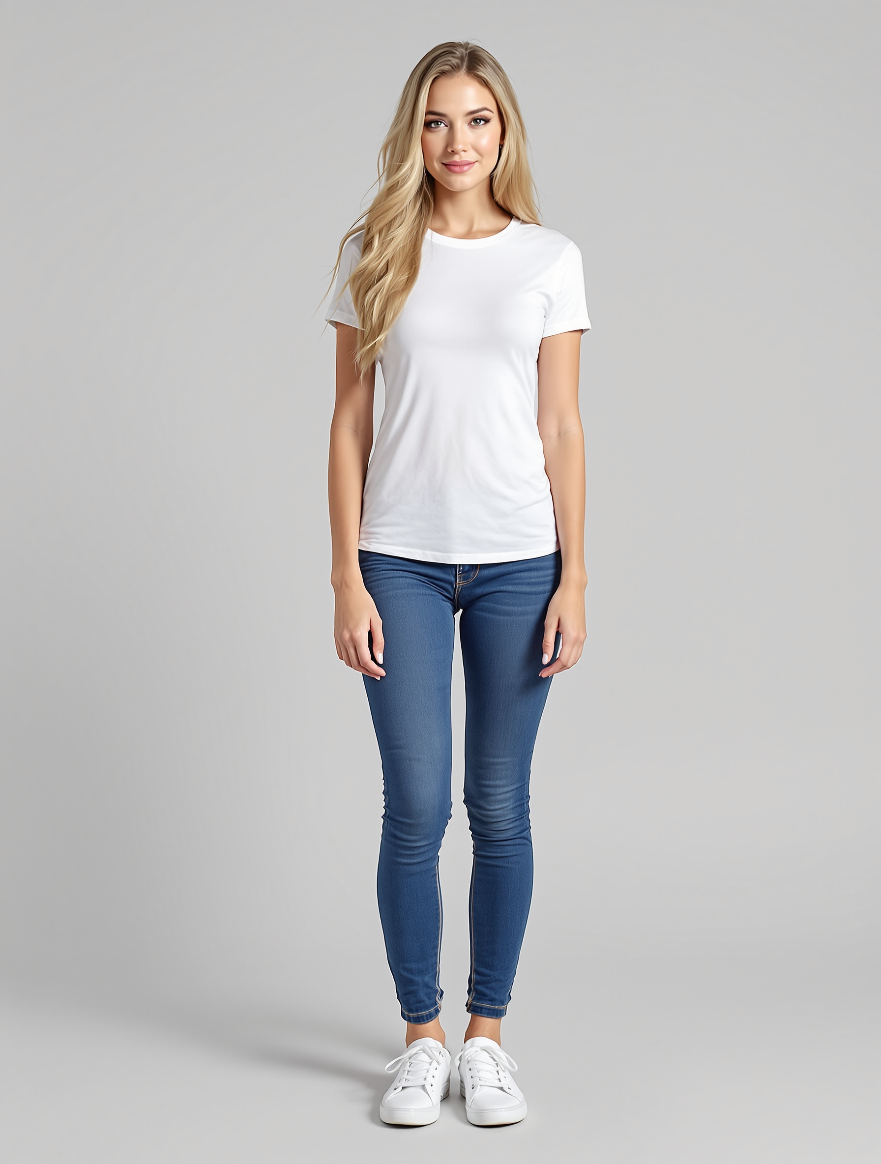 Woman in white crew neck tee and blue skinny jeans