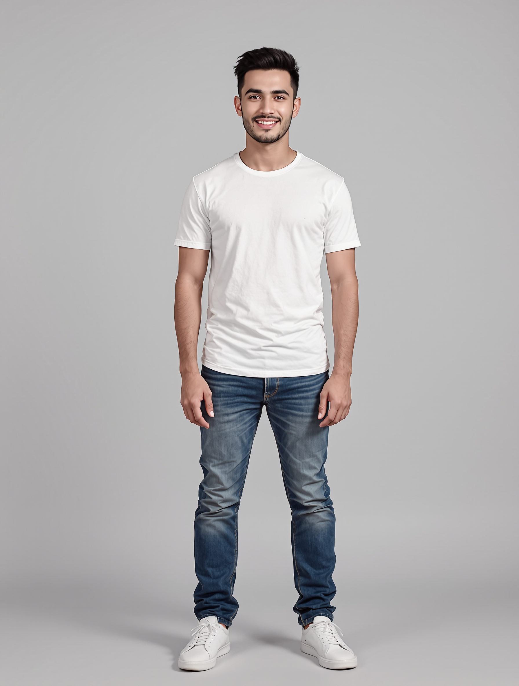 Man in white t-shirt and dark jeans with white sneakers