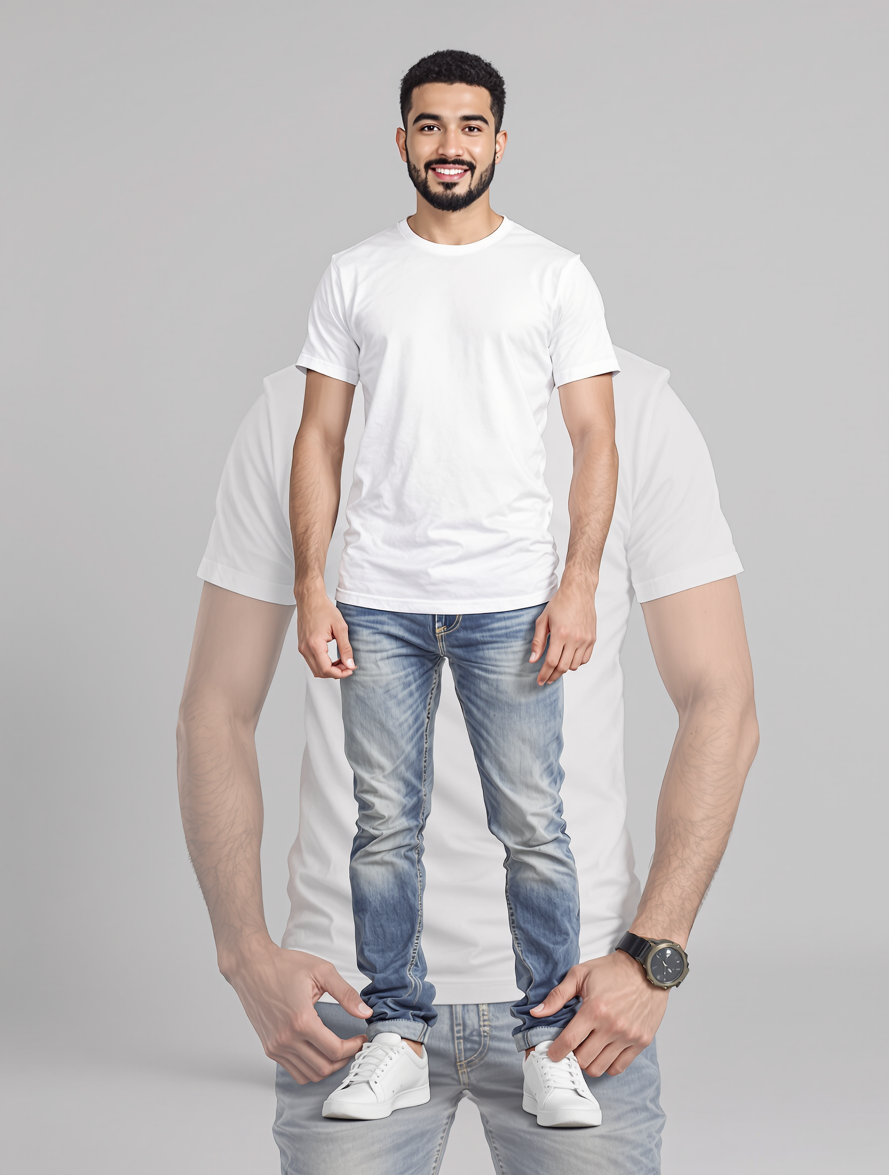 Man in white t-shirt and jeans standing on shoulders