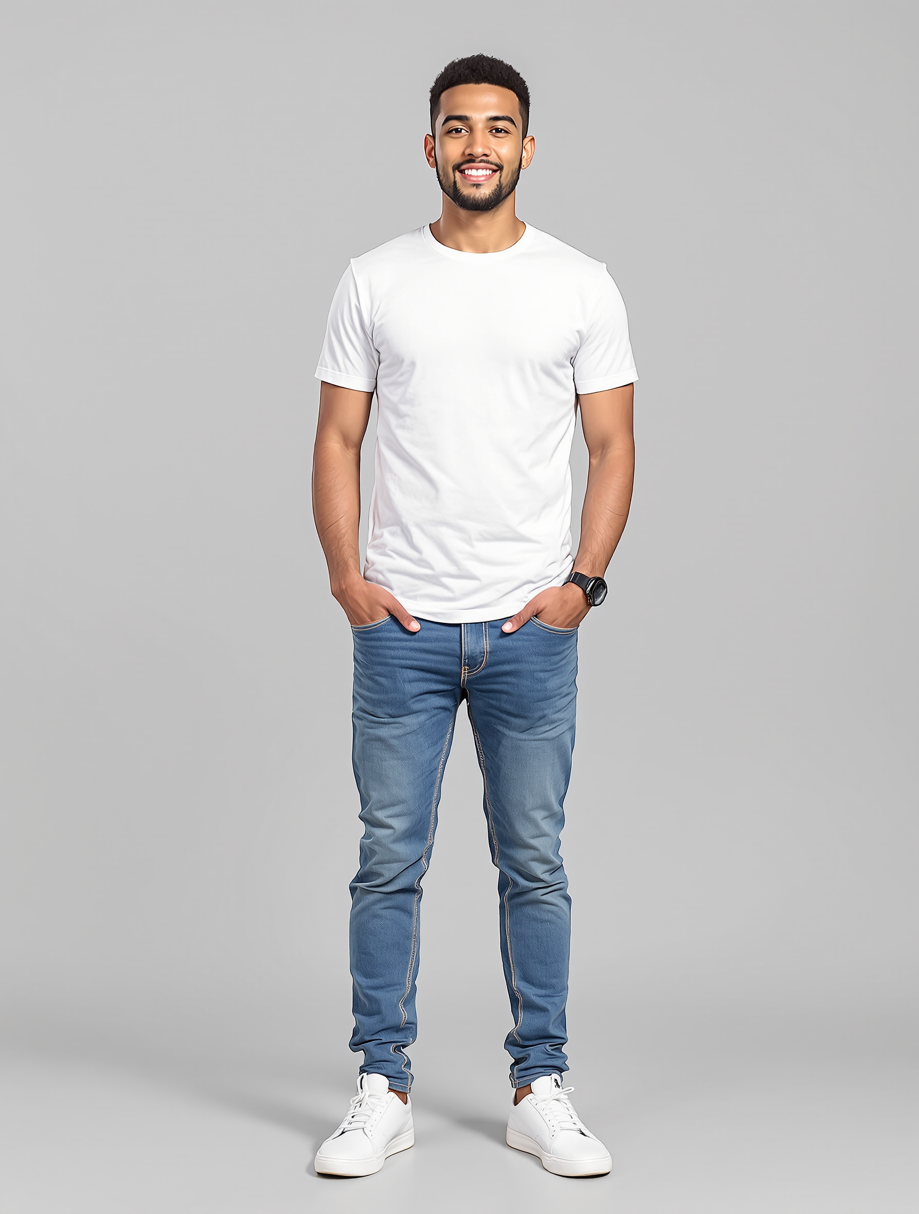 Man in white t-shirt and blue jeans standing against gray background