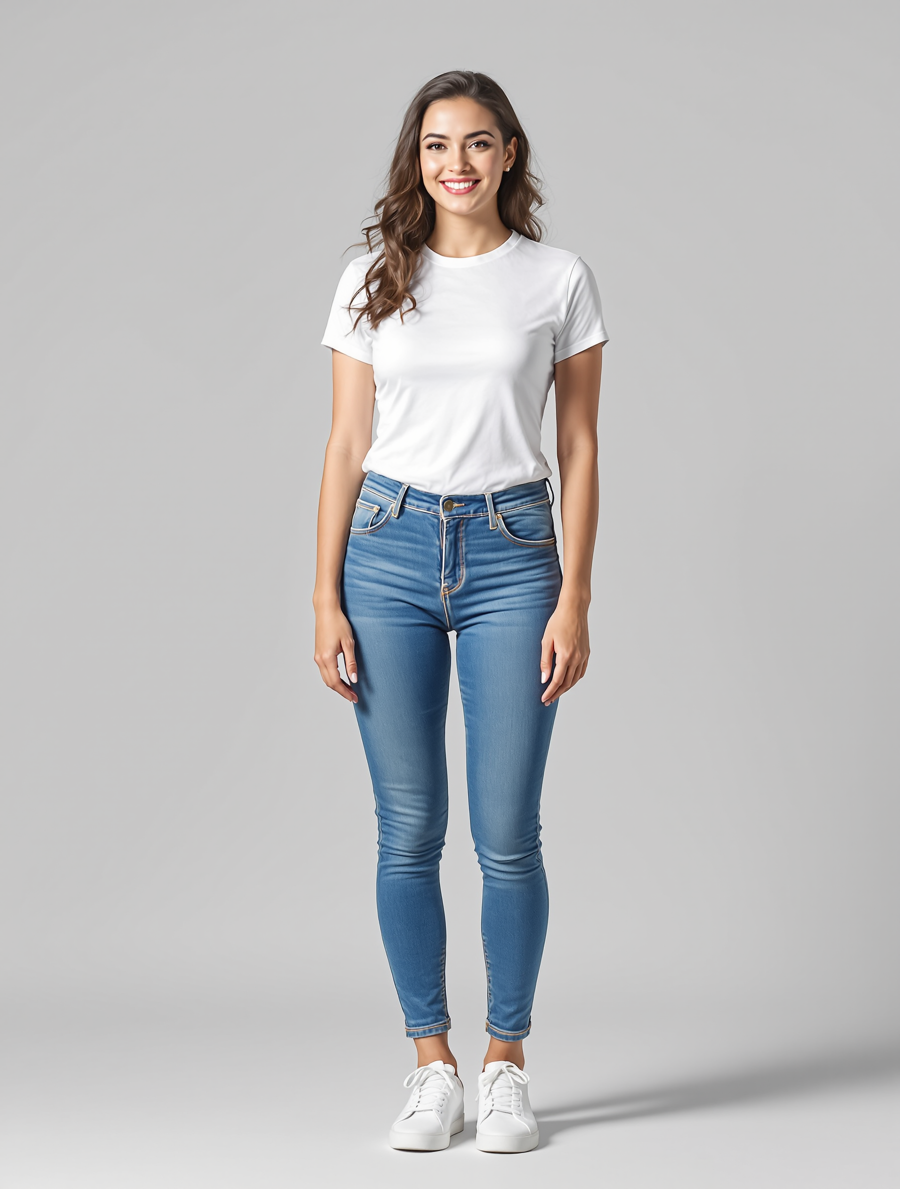 Woman in white t-shirt and blue skinny jeans with white sneakers