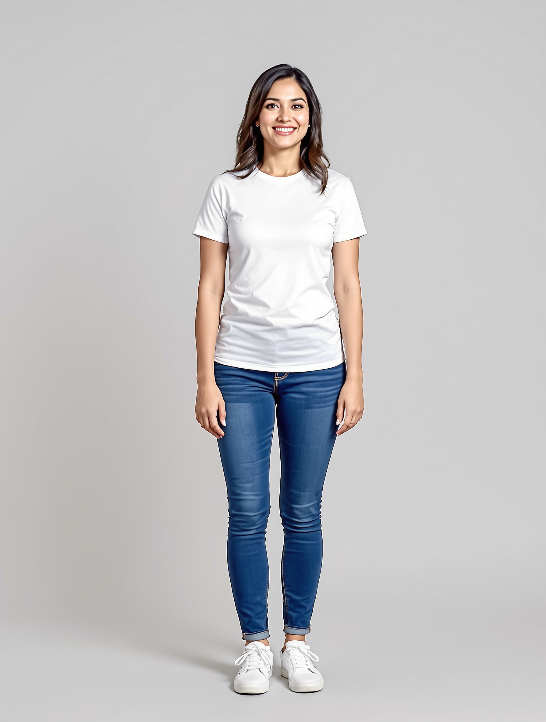 Person in white t-shirt and blue jeans standing against gray background