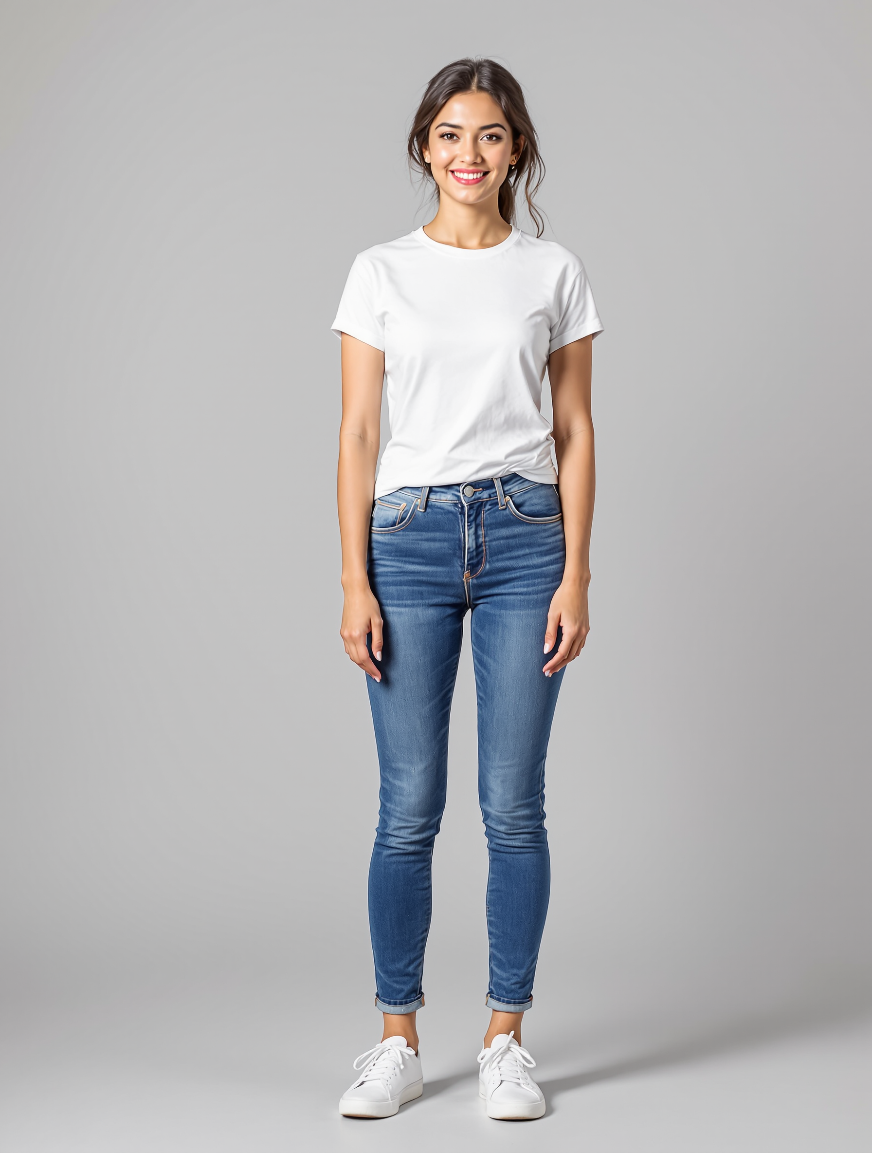 Woman in white t-shirt and rolled blue jeans with white sneakers