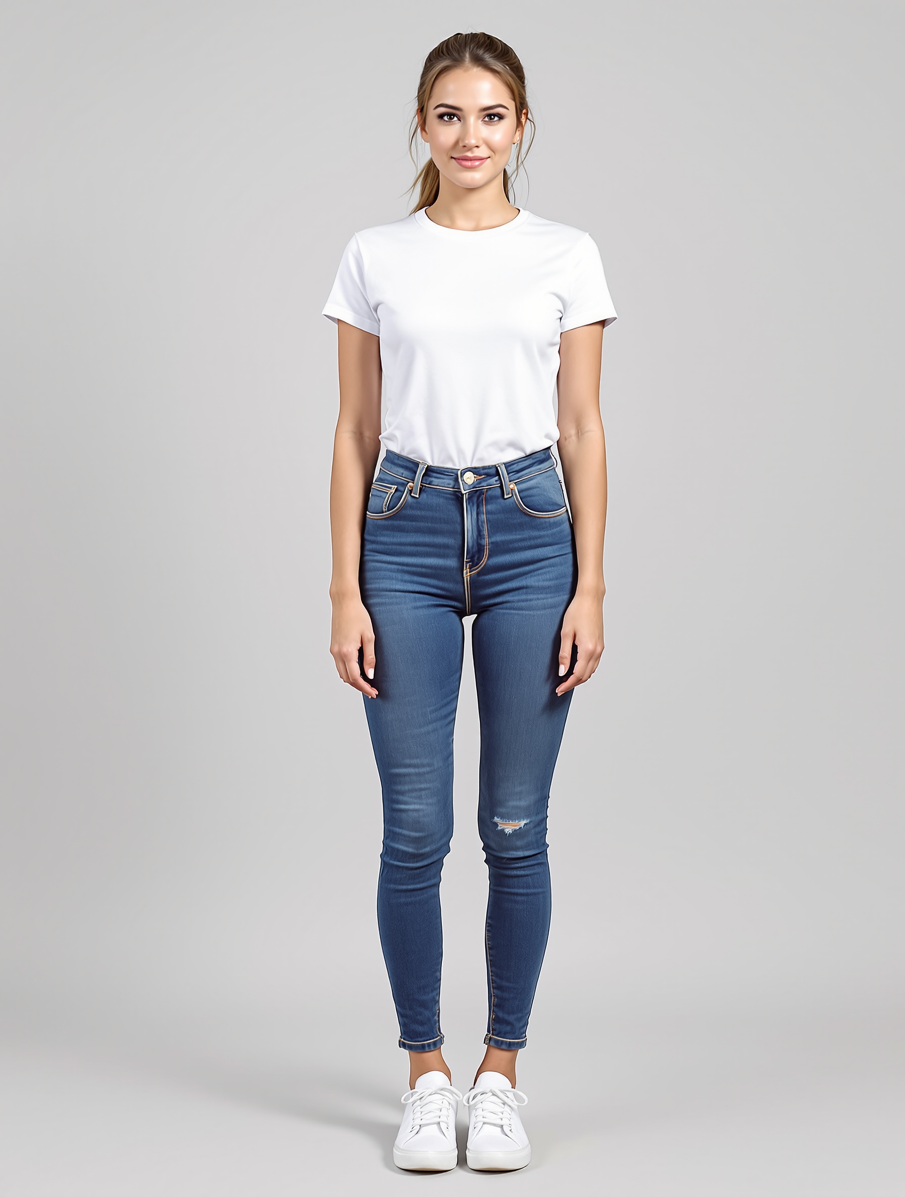 Woman in white t-shirt and distressed blue skinny jeans