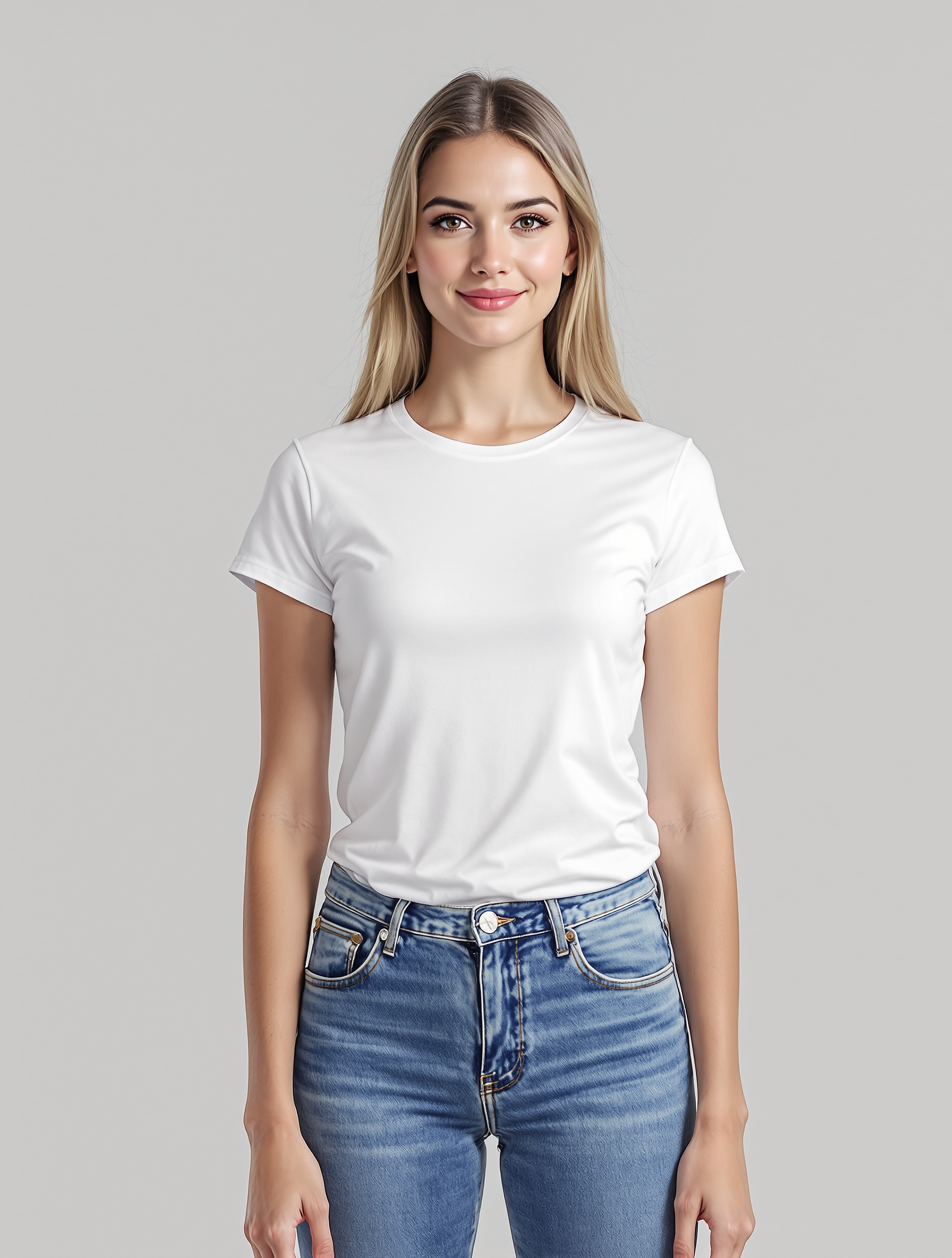 Woman in white t-shirt and blue jeans against gray background