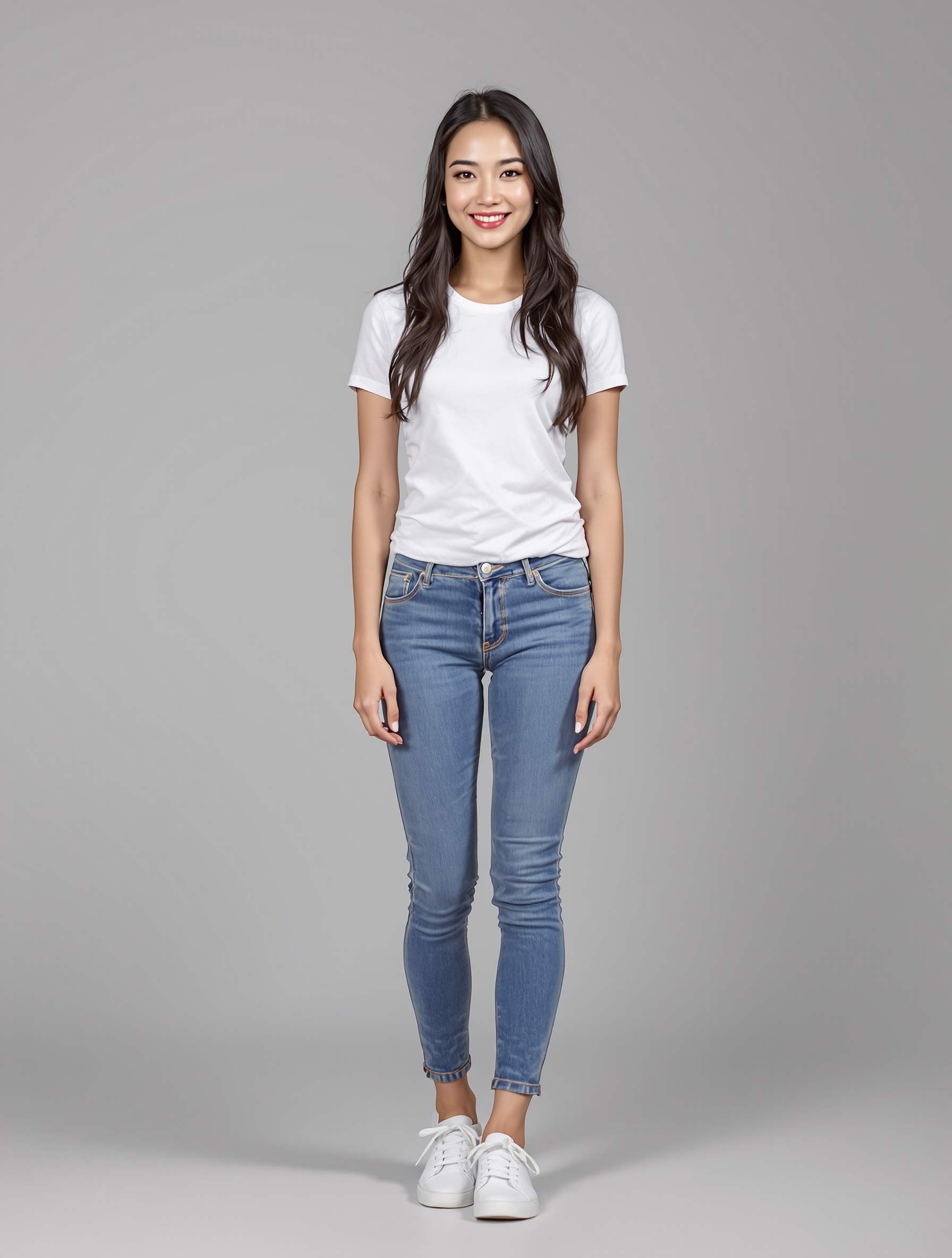 Person in white t-shirt and blue skinny jeans with white sneakers