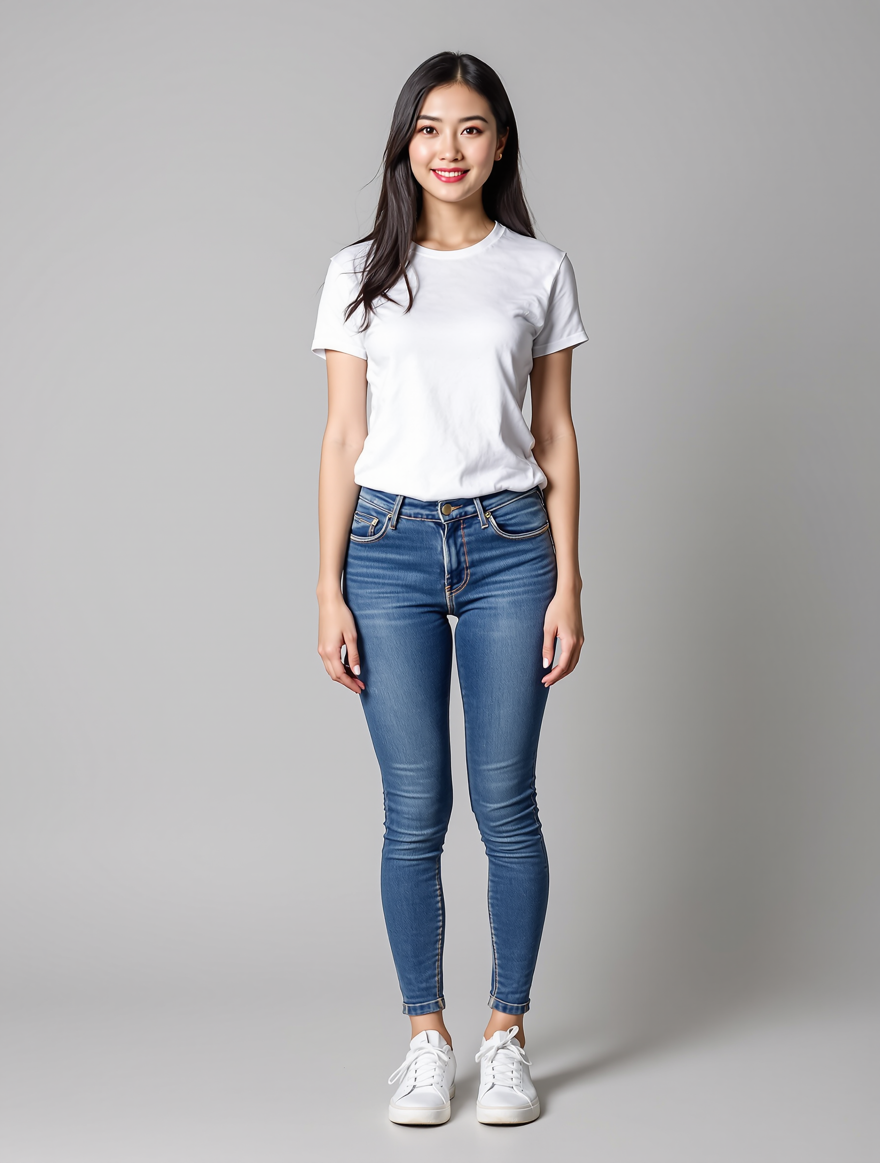Person in white t-shirt and blue skinny jeans standing against gray background