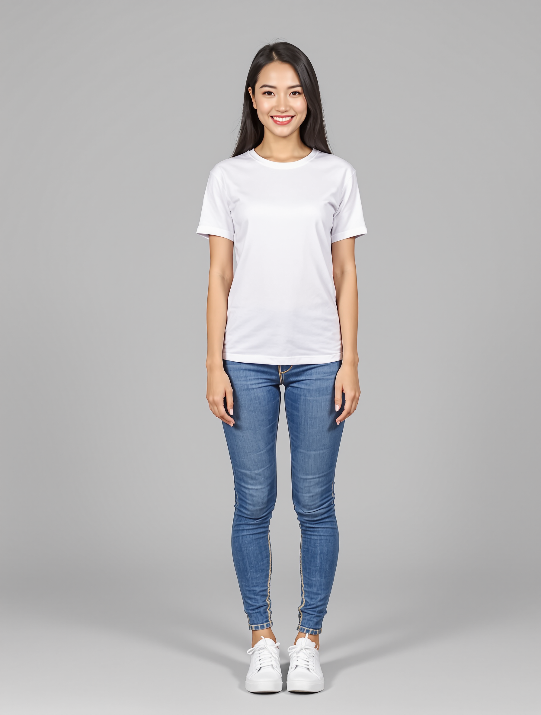 Woman in white t-shirt and blue jeans standing against gray background