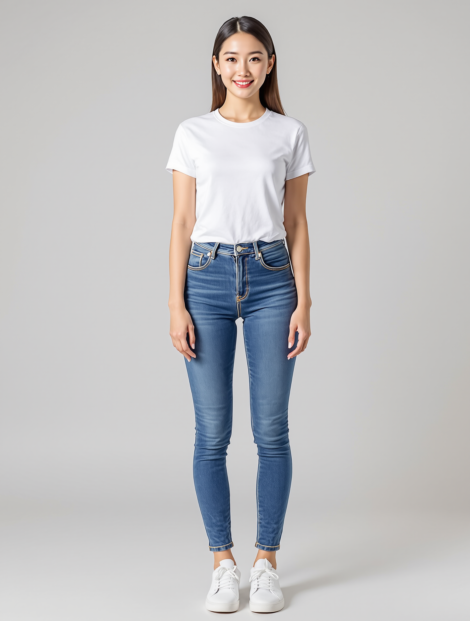 Woman in white tee and blue skinny jeans with white sneakers