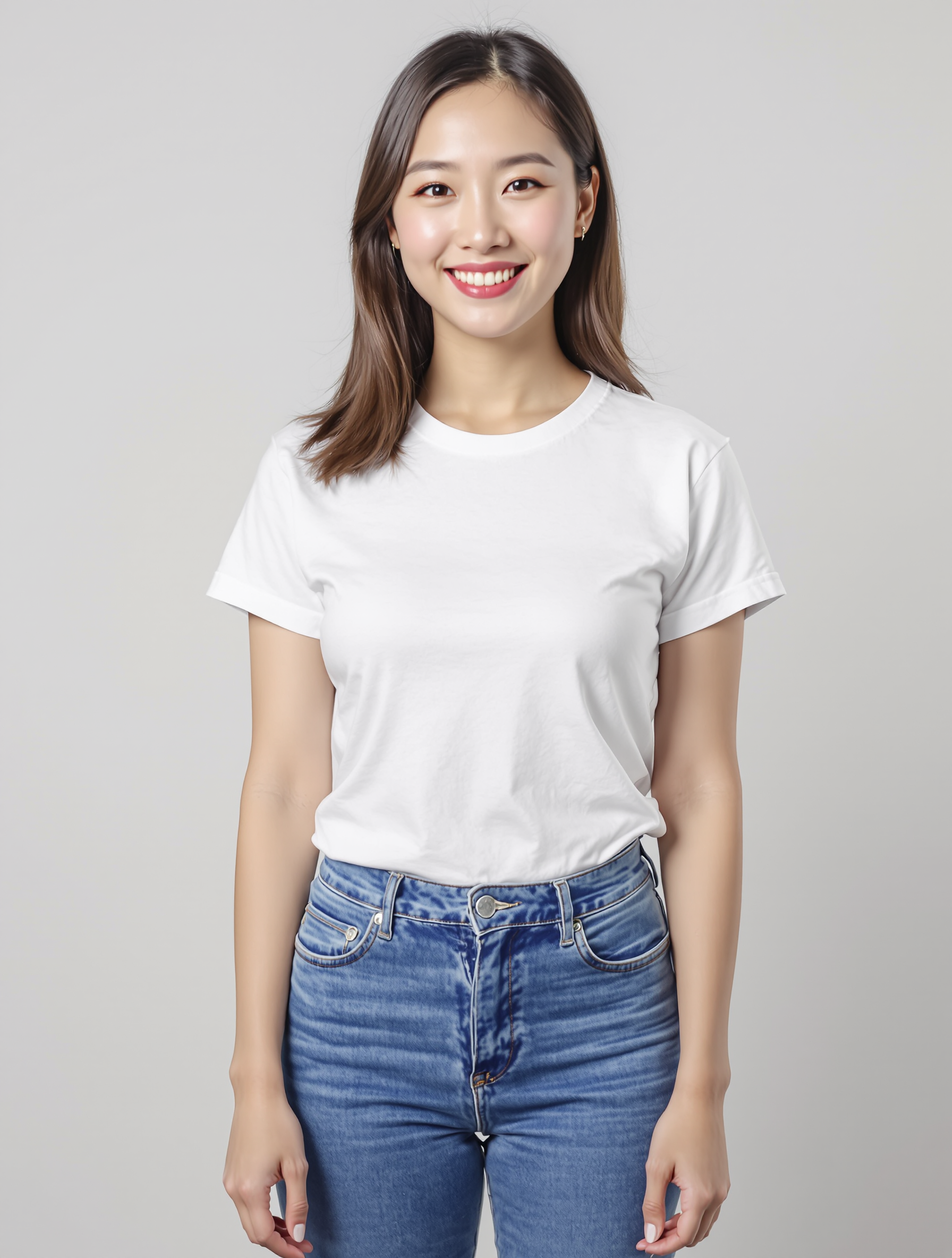 Woman in white t-shirt and blue jeans smiling at camera