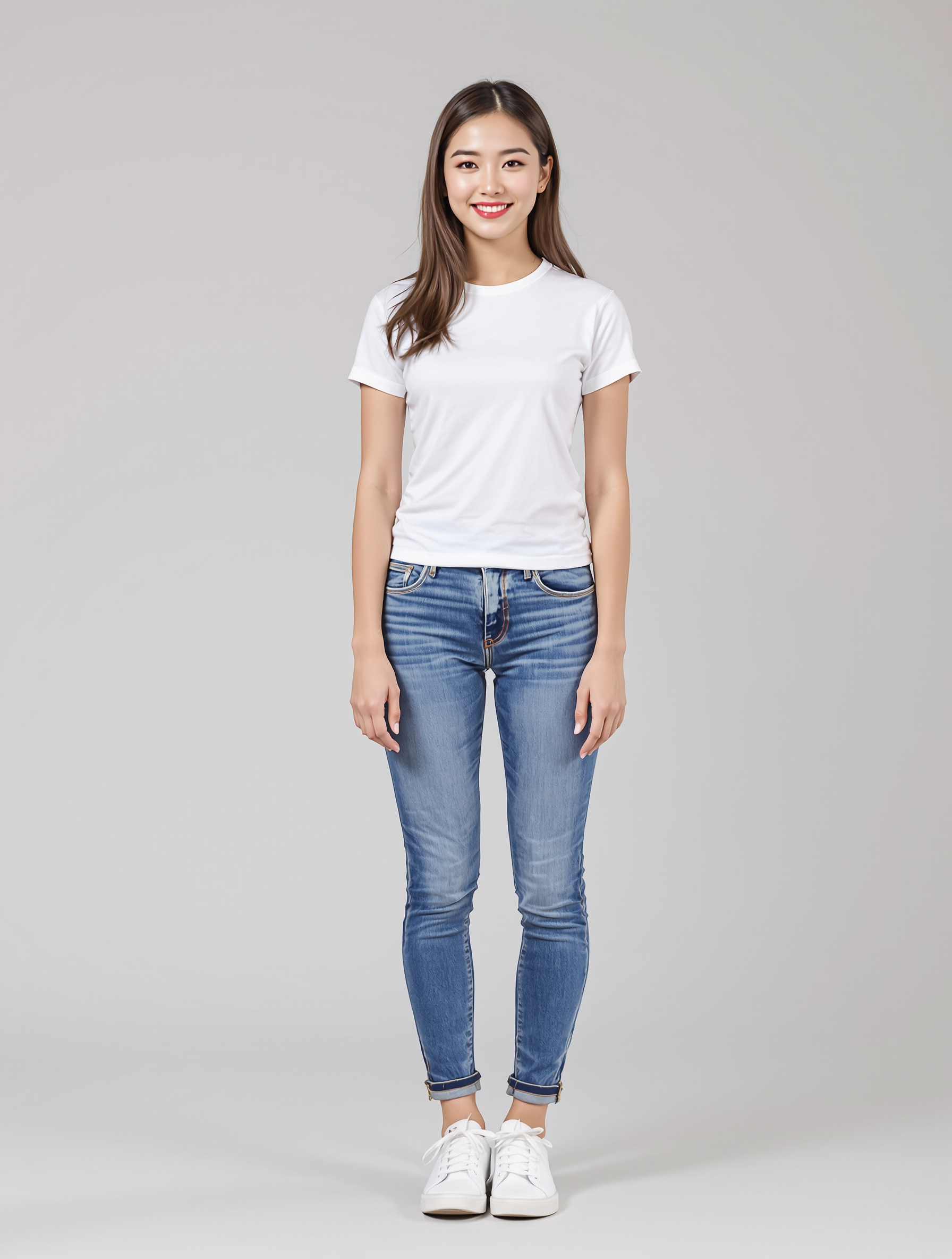 Woman in white t-shirt and cuffed blue jeans with white sneakers