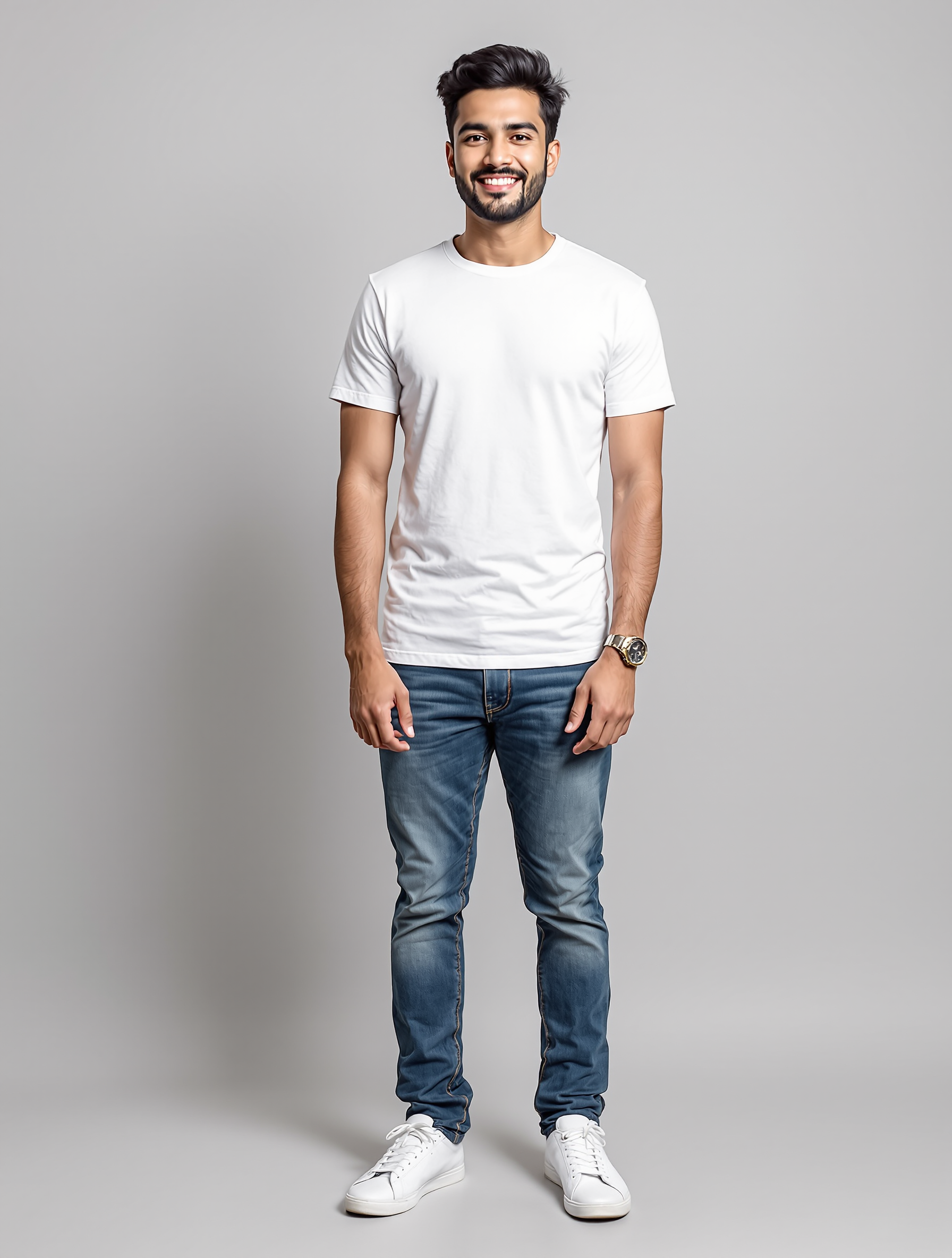 Man in white t-shirt and blue jeans smiling at camera