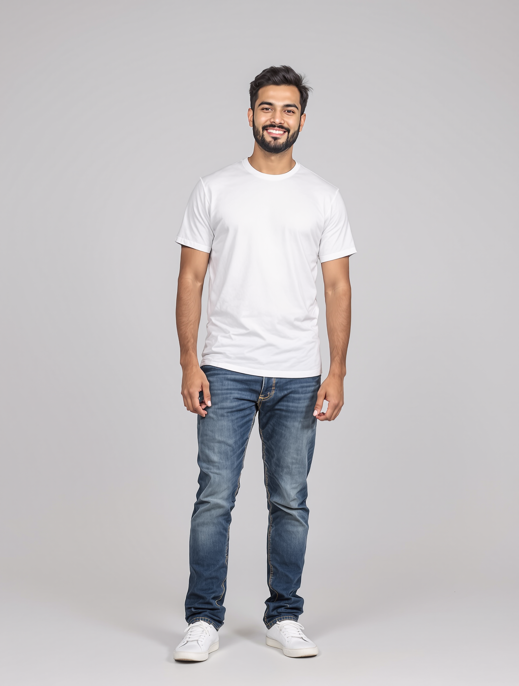 Man in white t-shirt and blue jeans smiling at camera