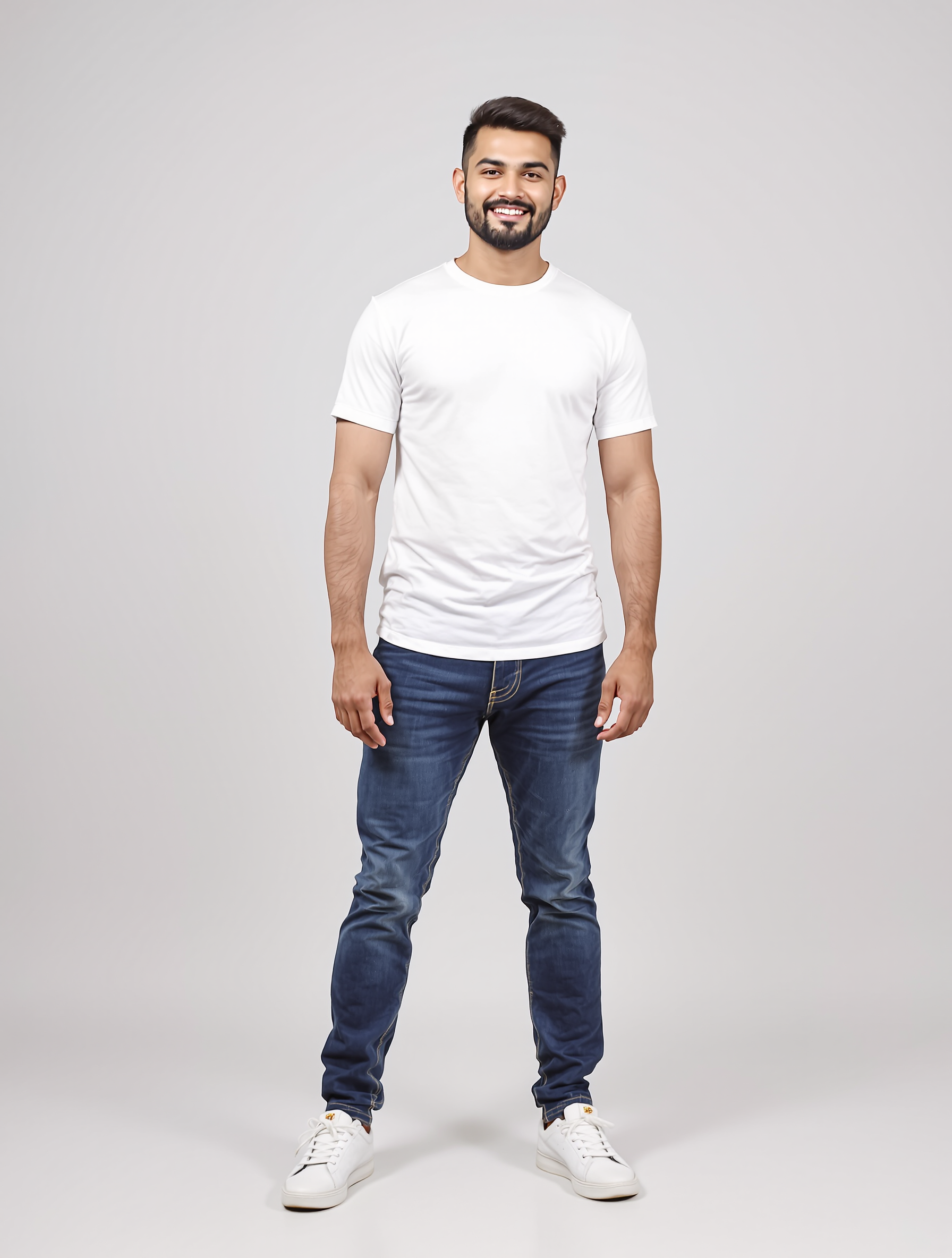 Man in white t-shirt and dark jeans smiling at camera