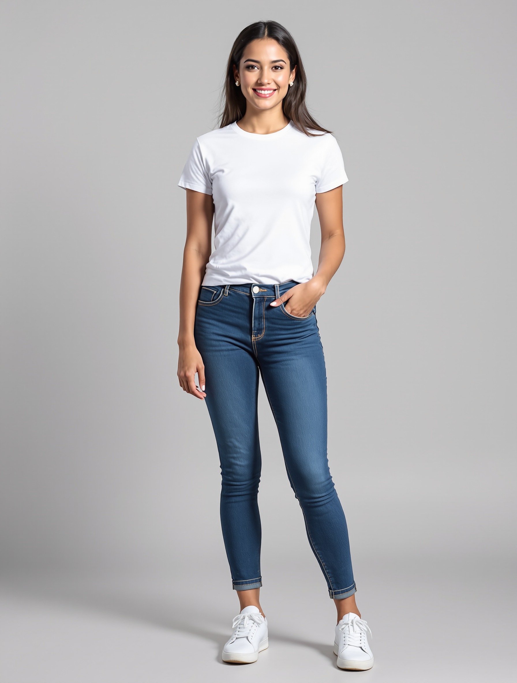 Woman in white t-shirt and dark wash skinny jeans