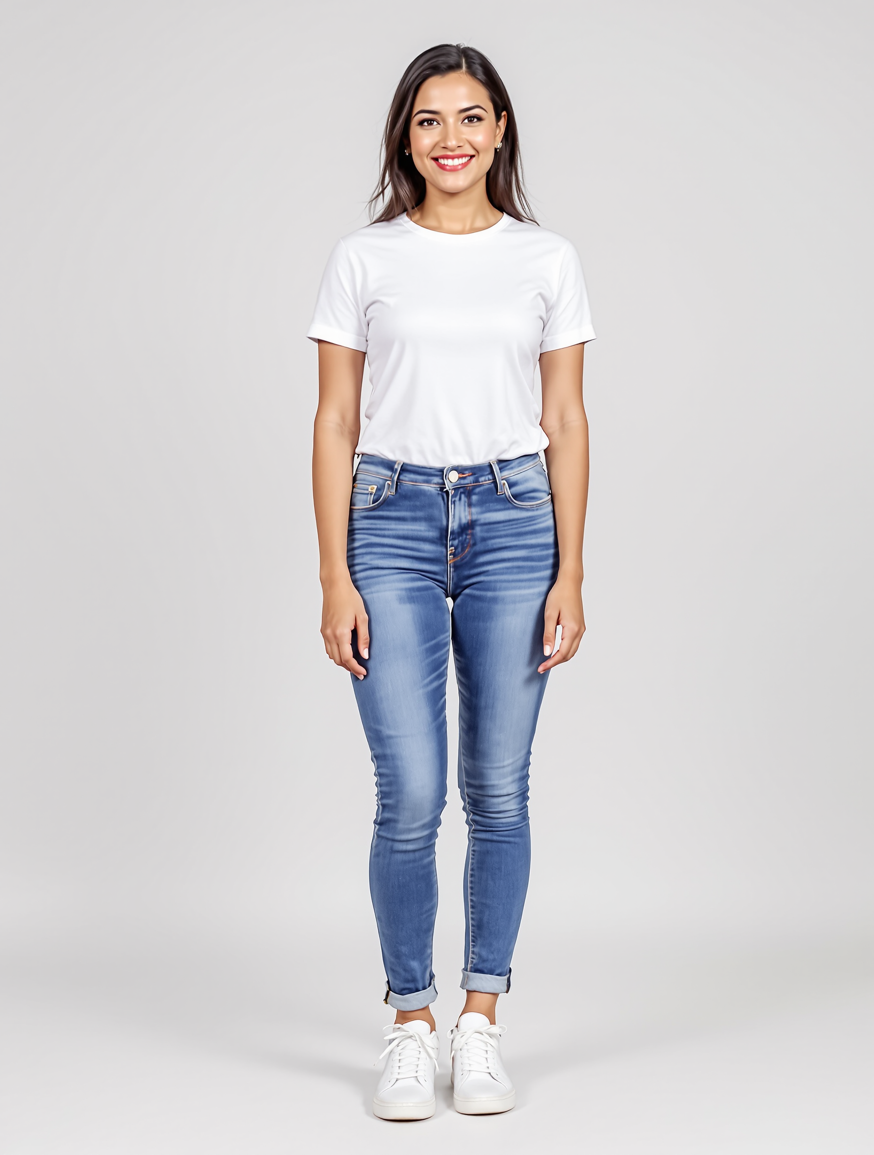 Woman in white t-shirt and blue rolled-cuff jeans