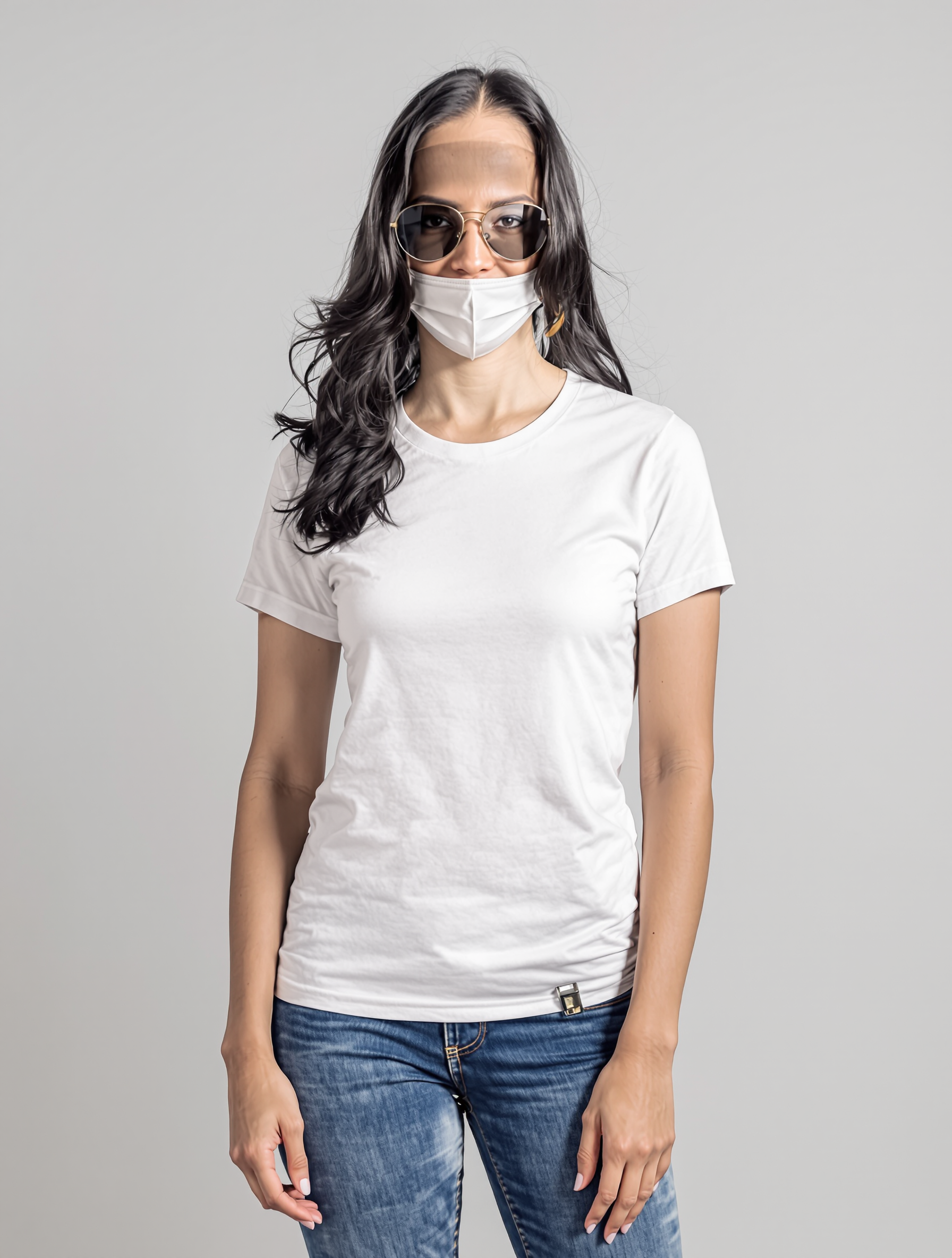 Person wearing white t-shirt, face mask, and aviator sunglasses