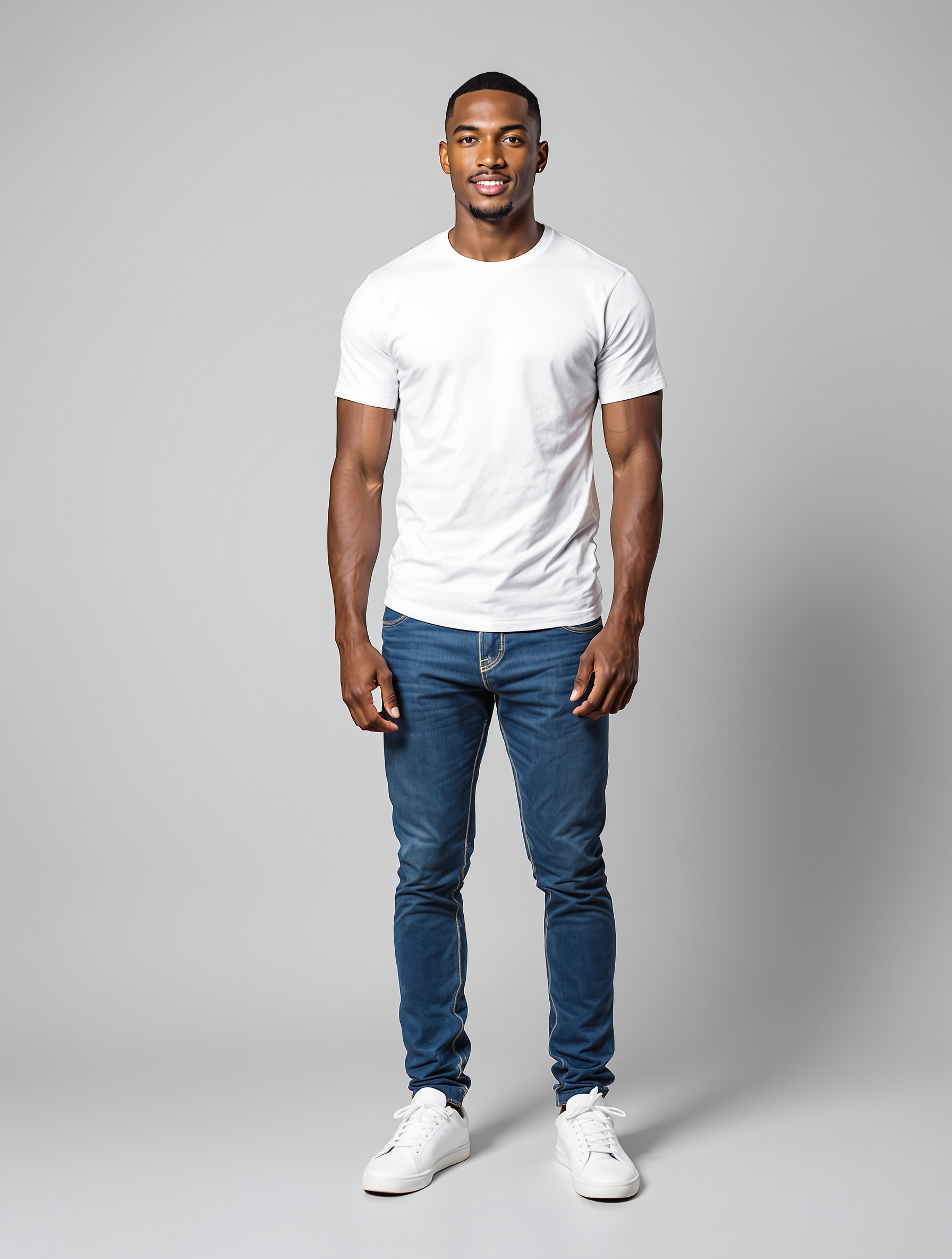 Man in white t-shirt and blue jeans with white sneakers