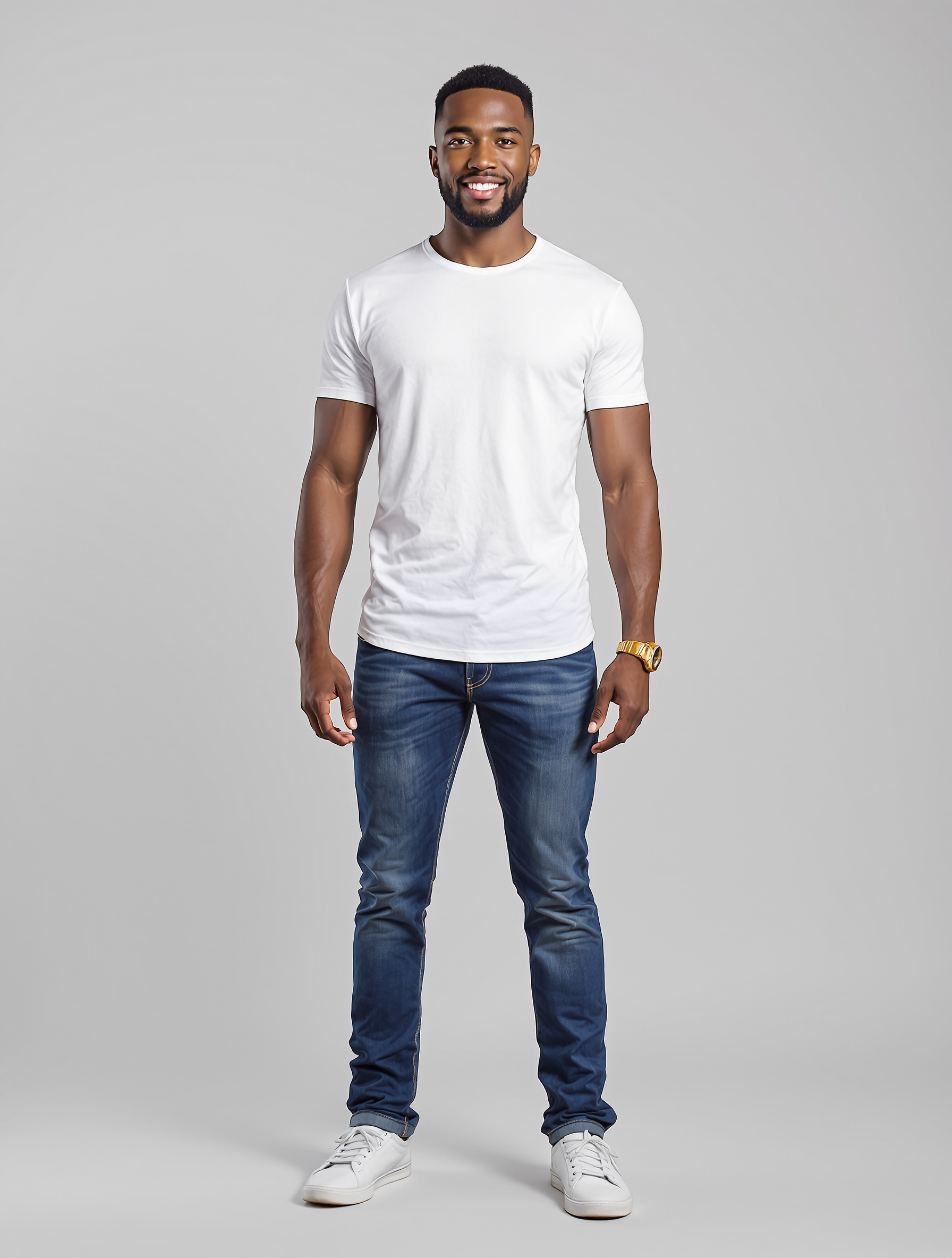 Man in white crew neck tee and dark blue jeans with gold watch