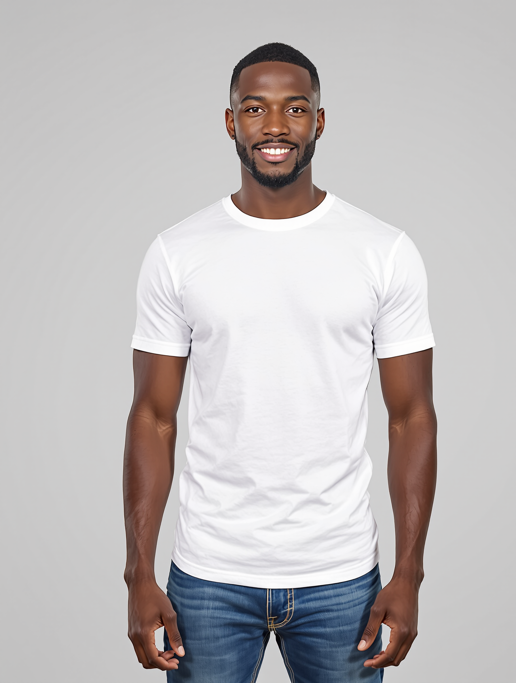 Man in white crew neck t-shirt and blue jeans smiling at camera