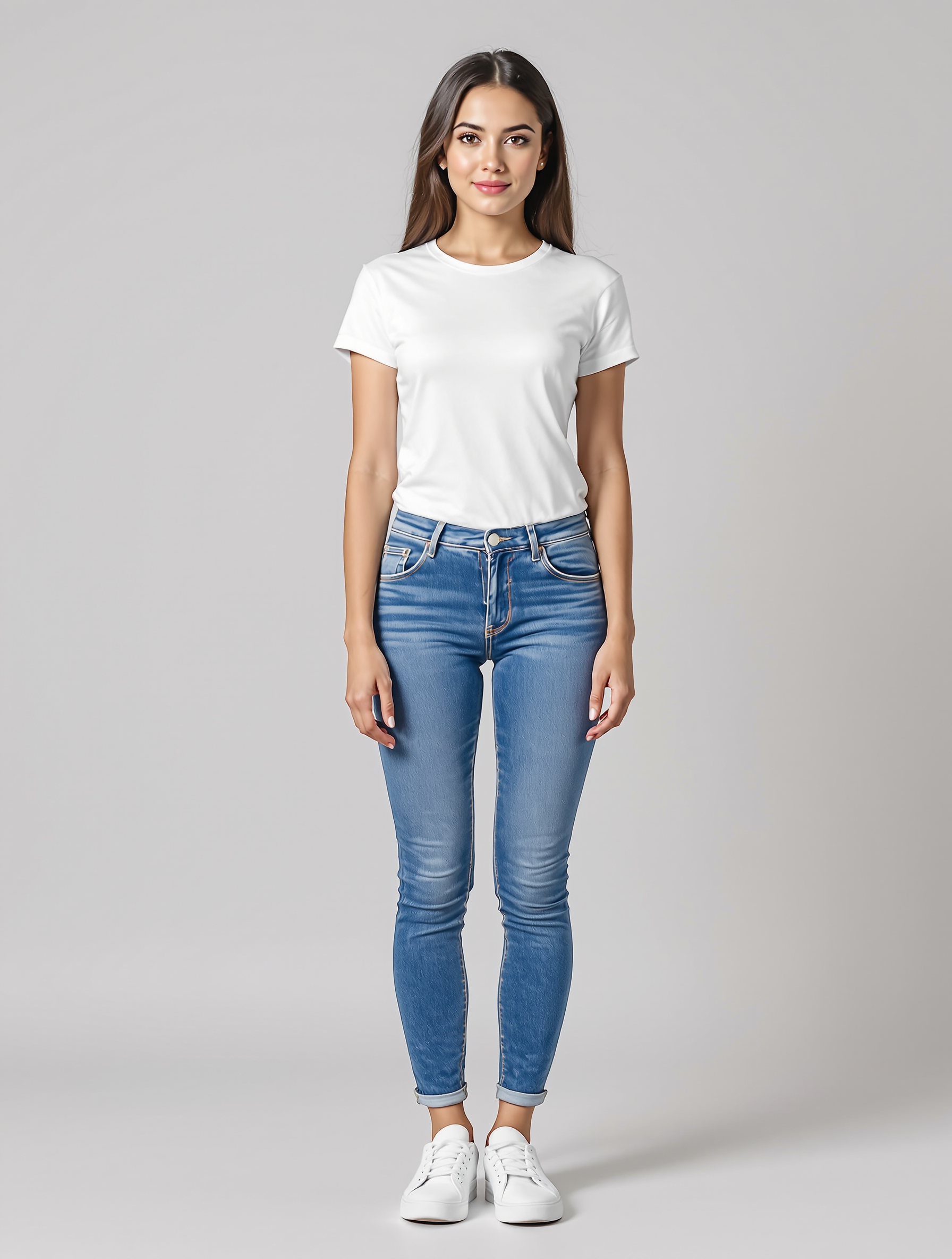 Woman in white t-shirt and cuffed blue jeans with white sneakers