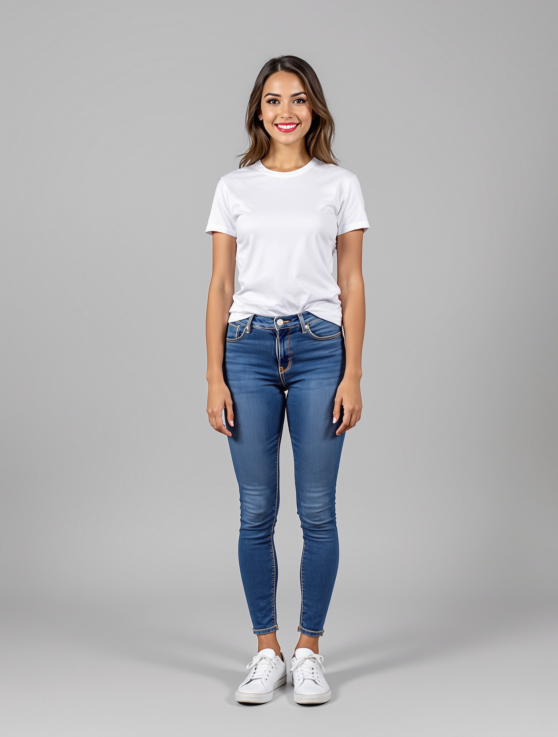 Woman in white t-shirt and blue skinny jeans with white sneakers