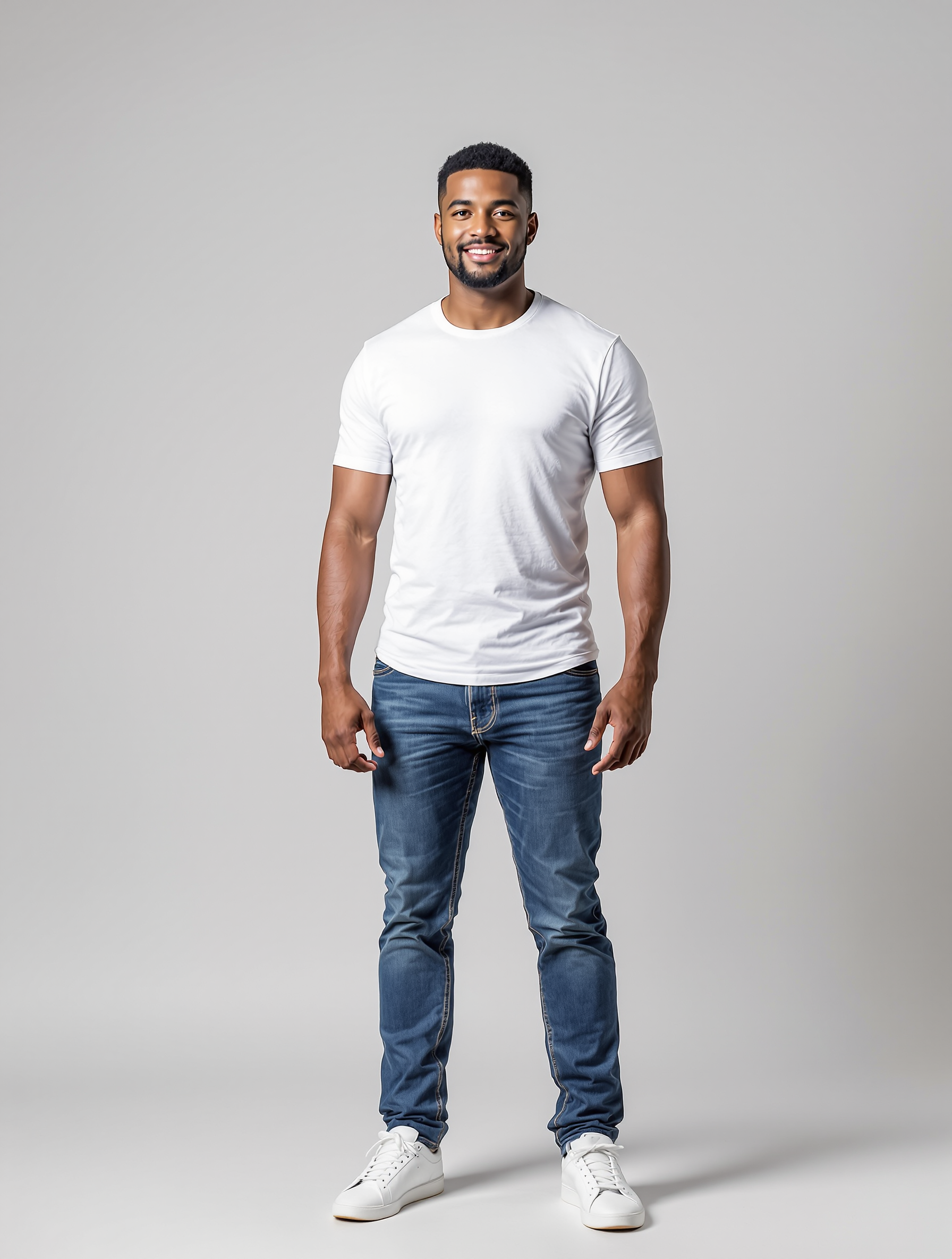 Man in white t-shirt and blue jeans standing against gray background