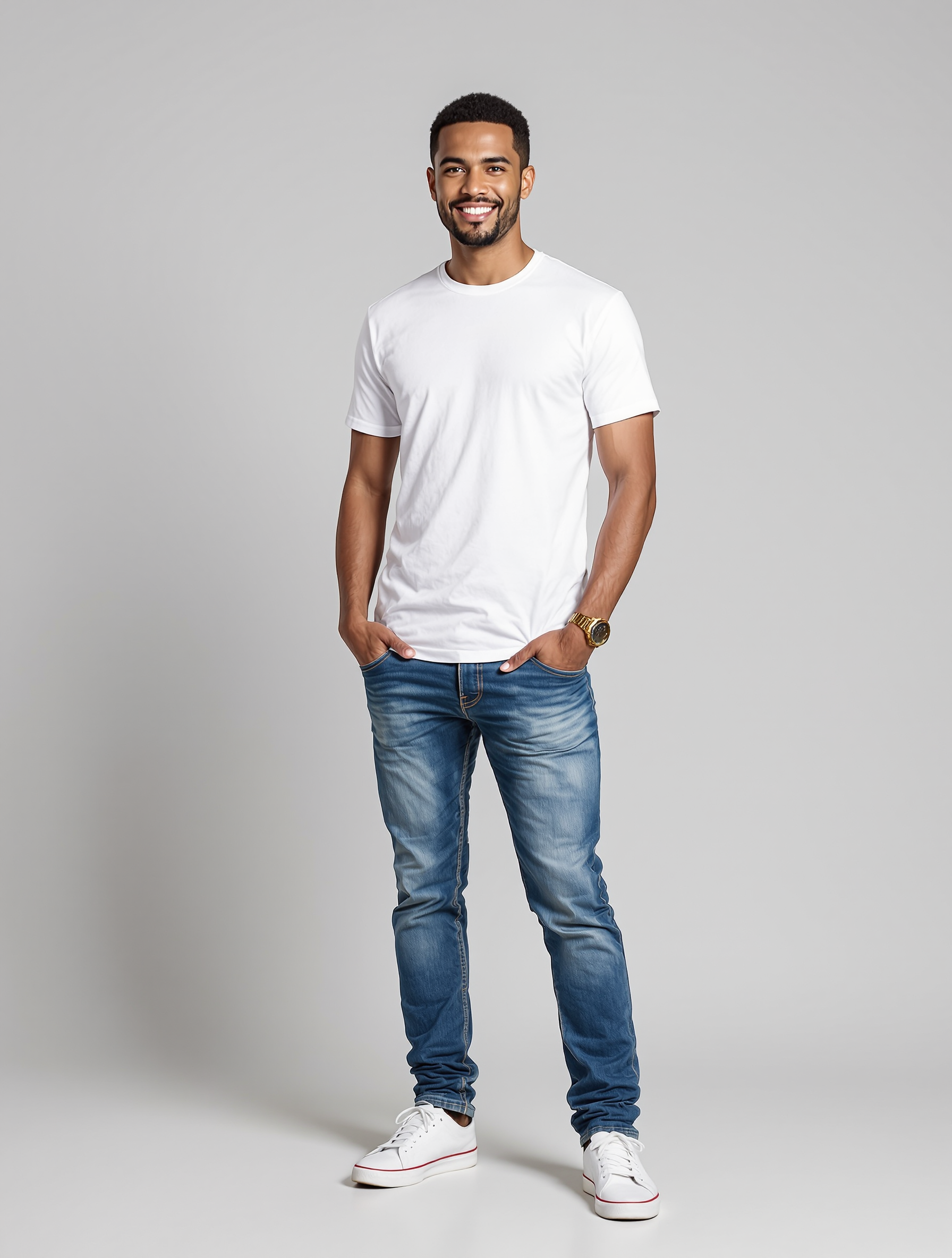 Man in white t-shirt and blue jeans with white sneakers