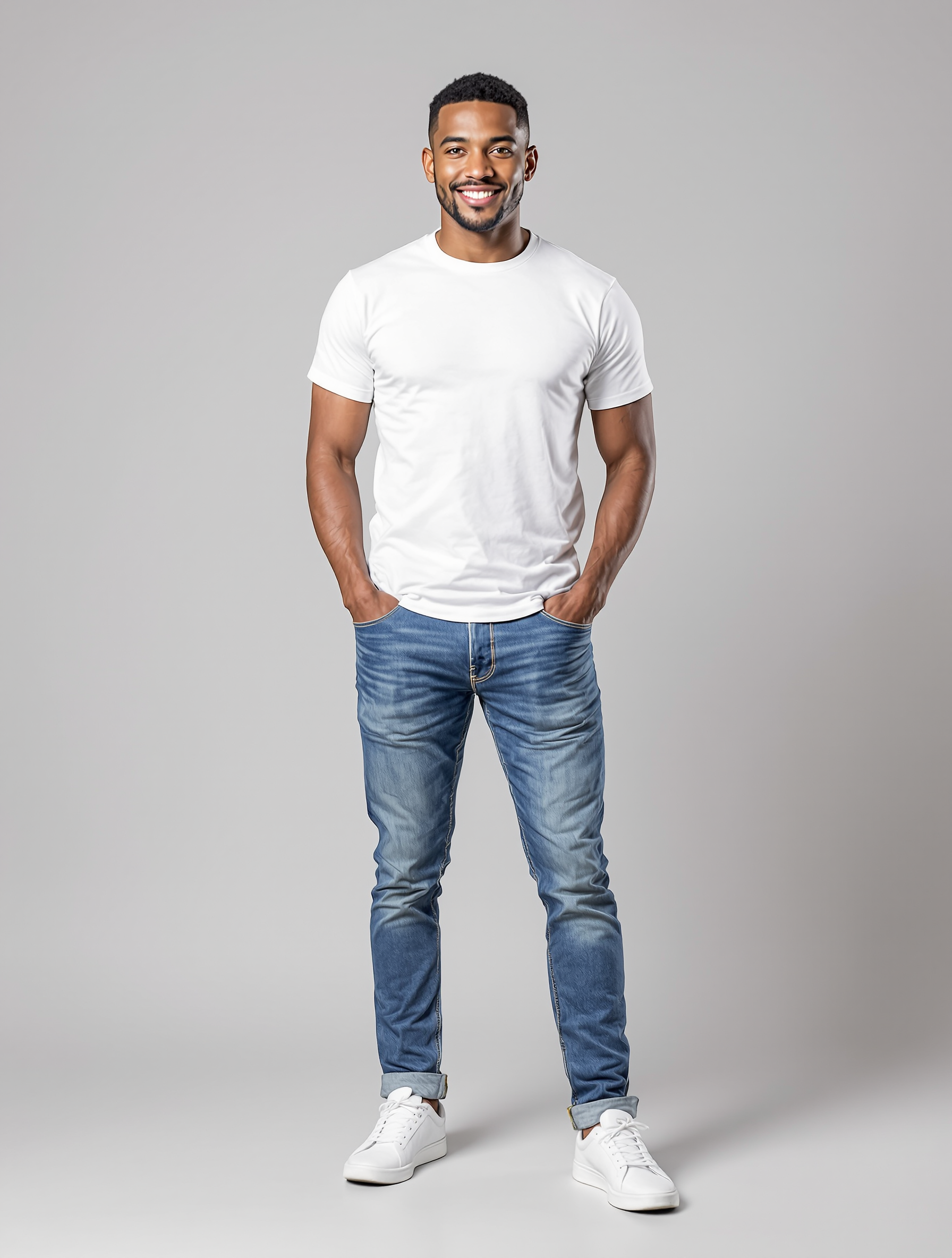 Man in white t-shirt and blue jeans with white sneakers